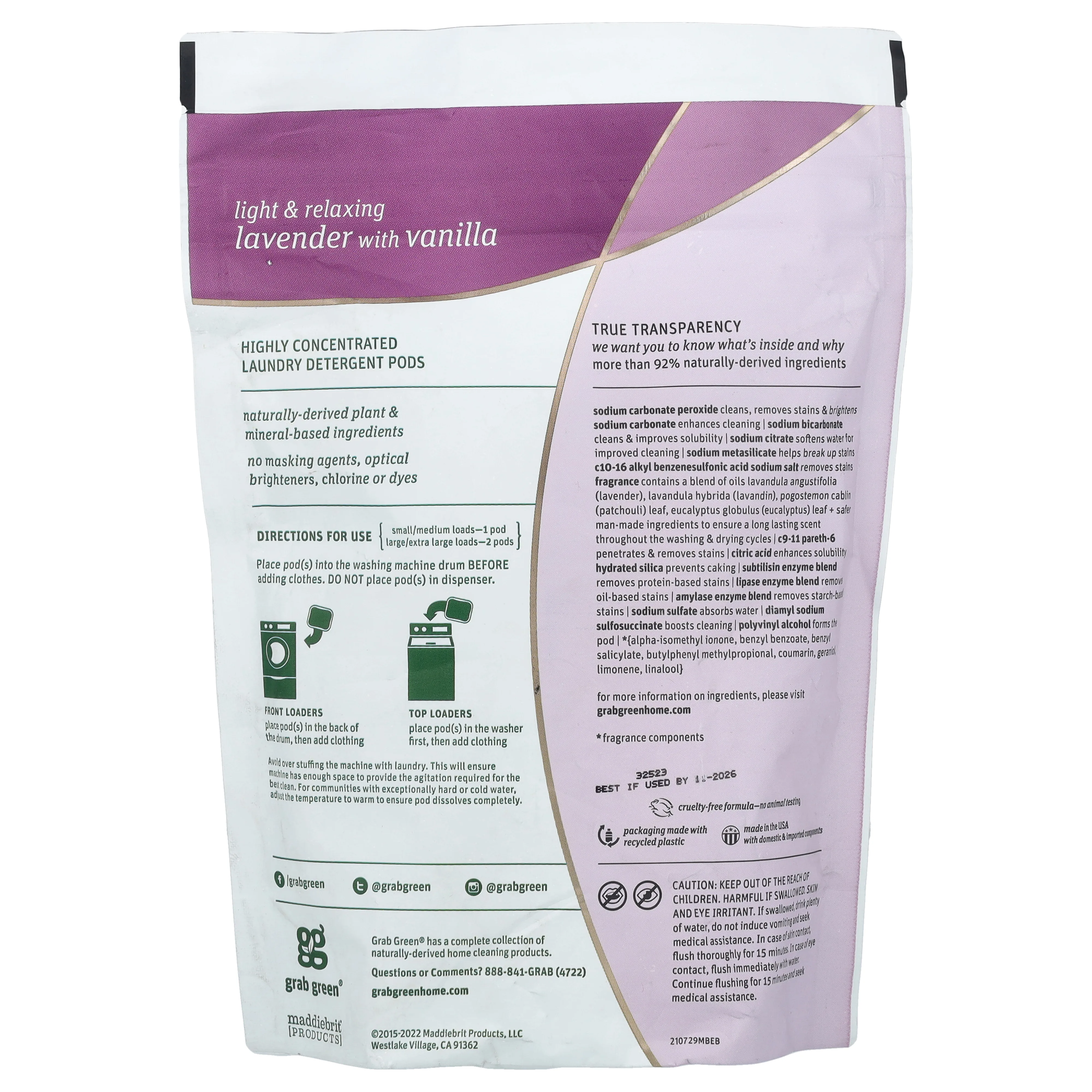 Grab Green, стиральный порошок в капсулах 3 в 1, лаванда с ванилью, 24 загрузки, 384 г (13,5 унции)
