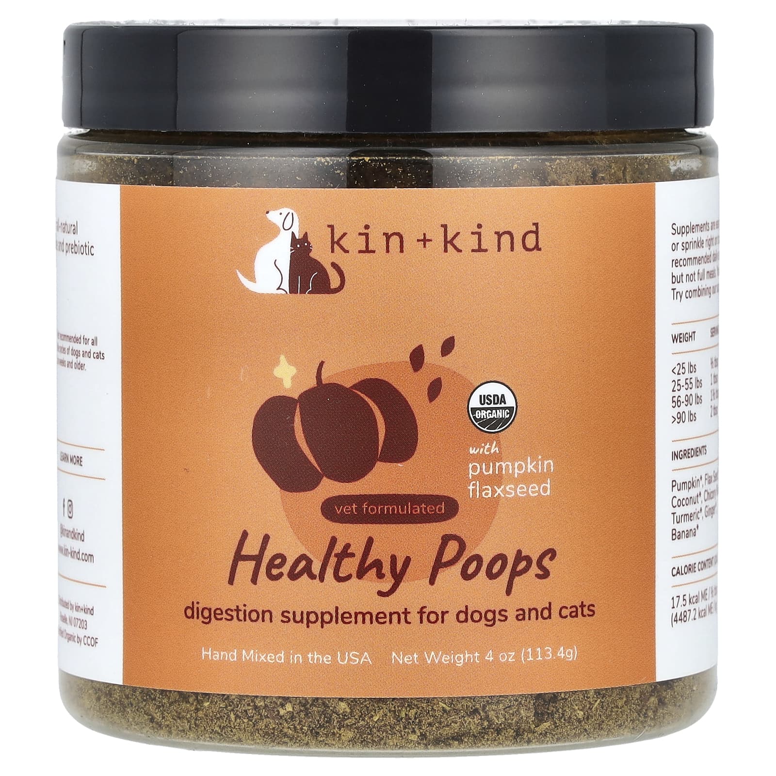 Kin+Kind, Healthy Poops, добавка для здорового пищеварения, с тыквой и семенами льна, для собак и кошек, 1134 г (4 унции)