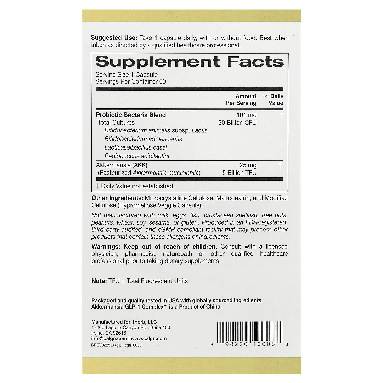California Gold Nutrition, Akkermansia GLP-1 Complex, комплекс с аккермансией и ГПП-1 + пробиотики, 60 растительных капсул