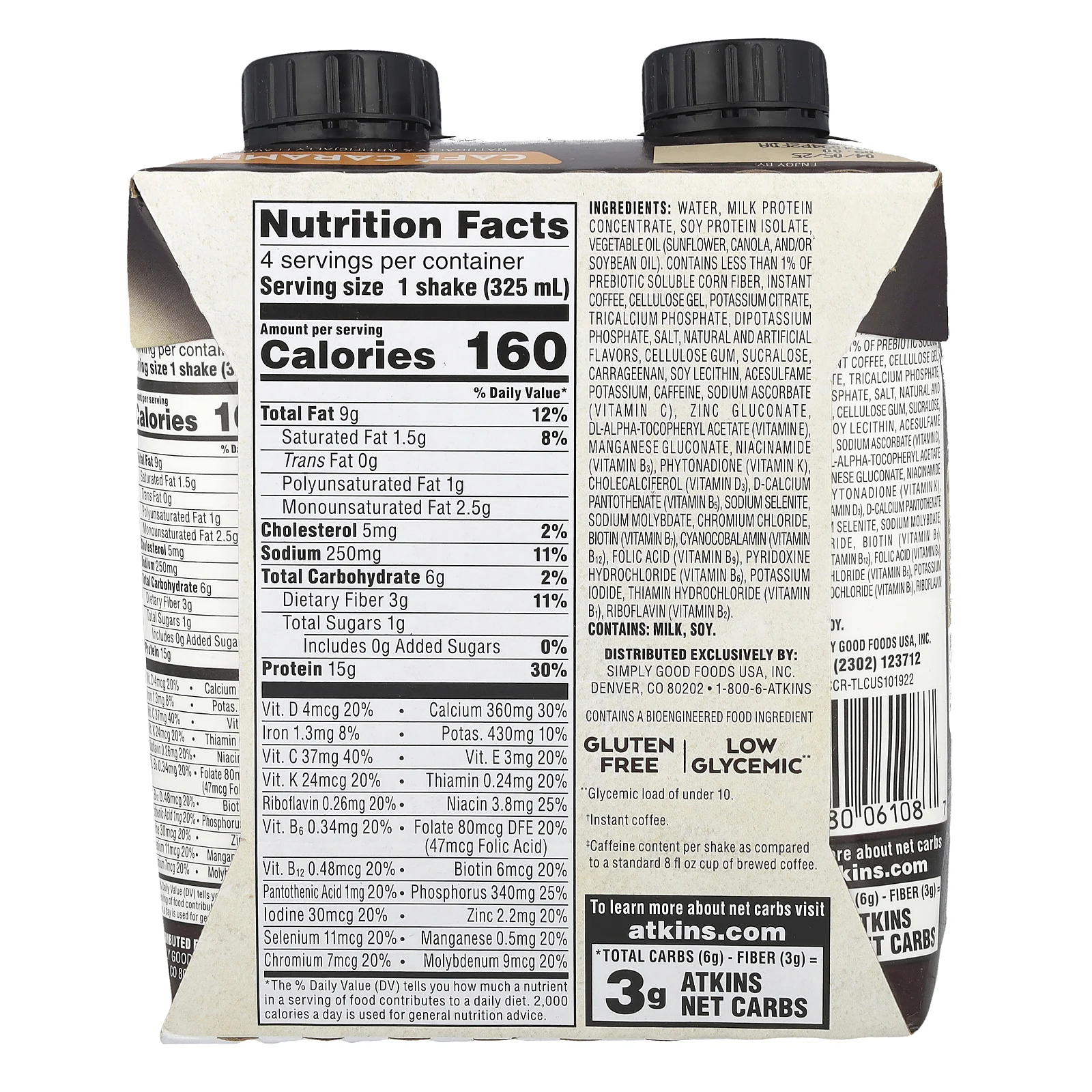 Atkins, Кофейный протеиновый коктейль со льдом, кофейная карамель, 4 коктейля, 325 мл (11 жидк. Унций)