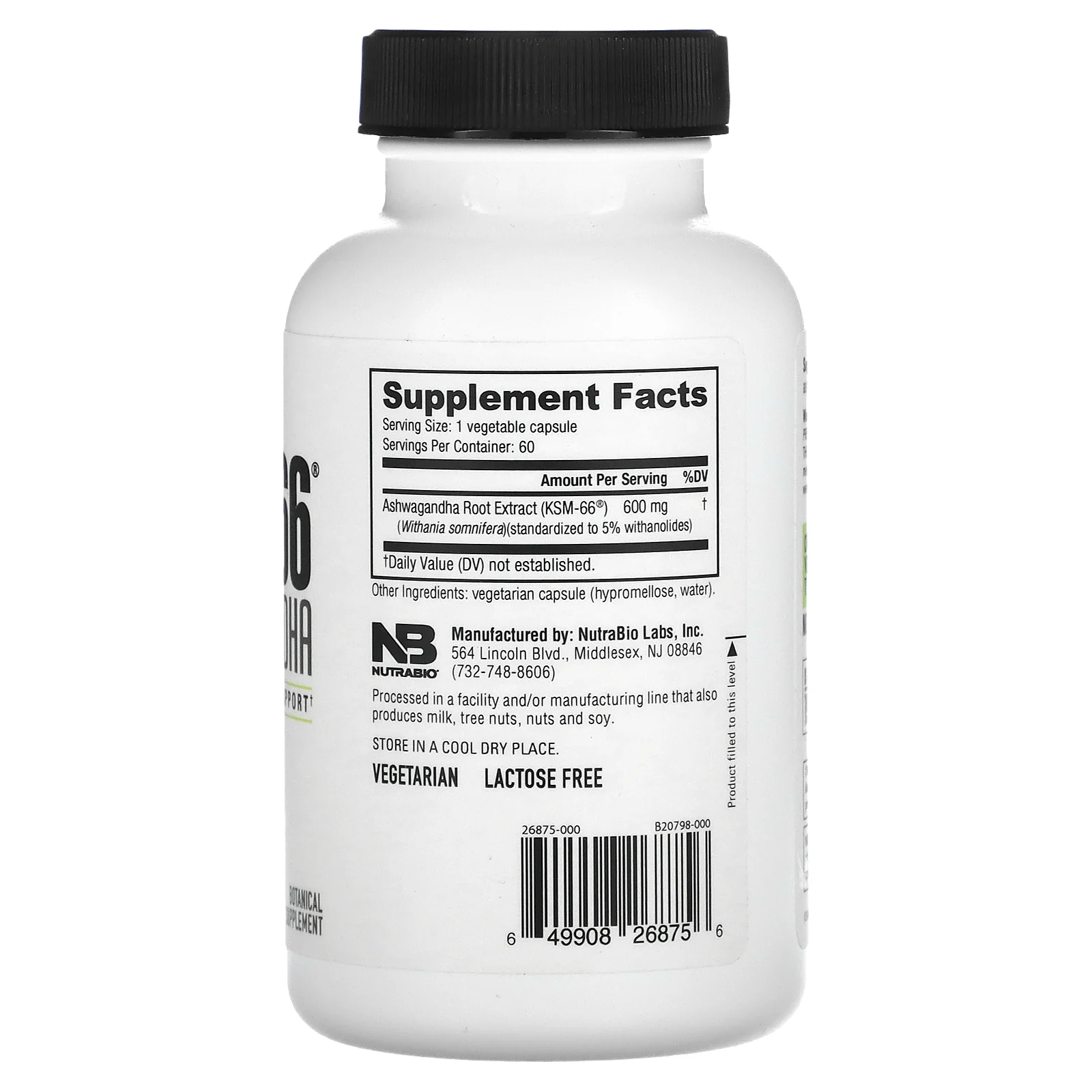 NutraBio, KSM-66, ашваганда`` 60 капсул