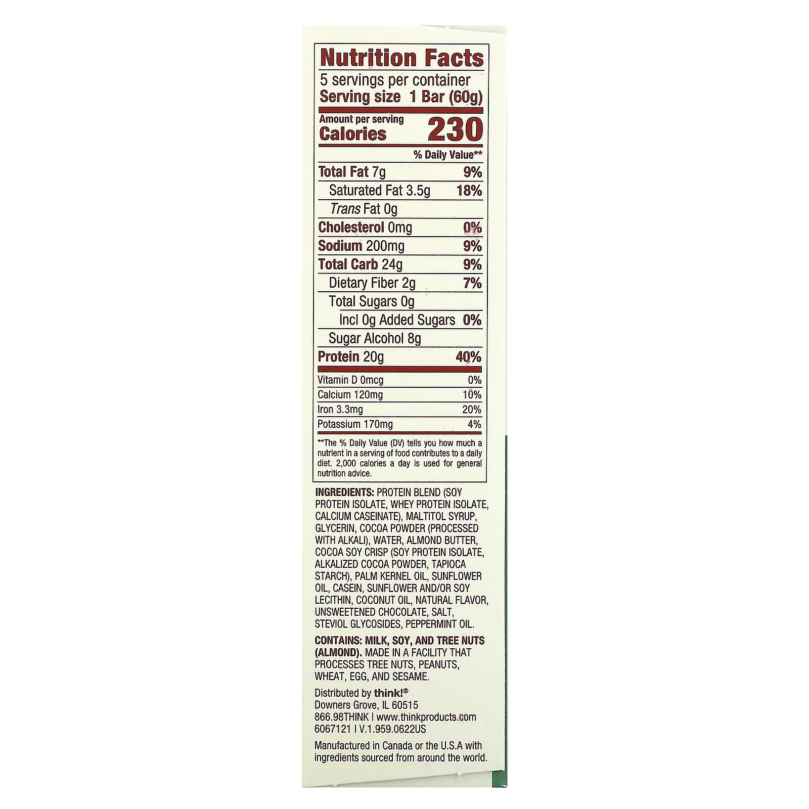 Think !, Батончики с высоким содержанием протеина, шоколад и мята, 5 батончиков по 60 г (2,1 унции)