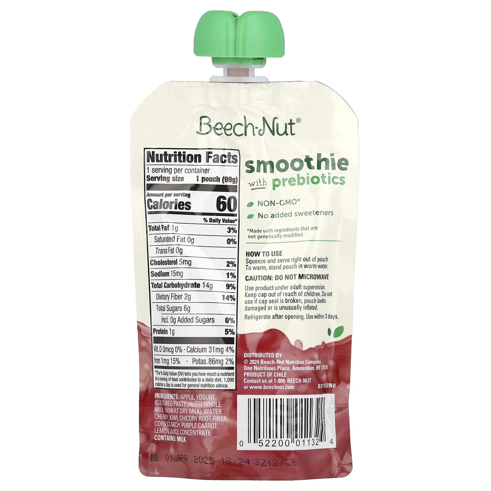 Beech-Nut, Smoothie with Prebiotics, 12+ Months, Apple, Cherry, Kiwi, Purple Carrot & Yogurt, 3.5 oz (99 g)
