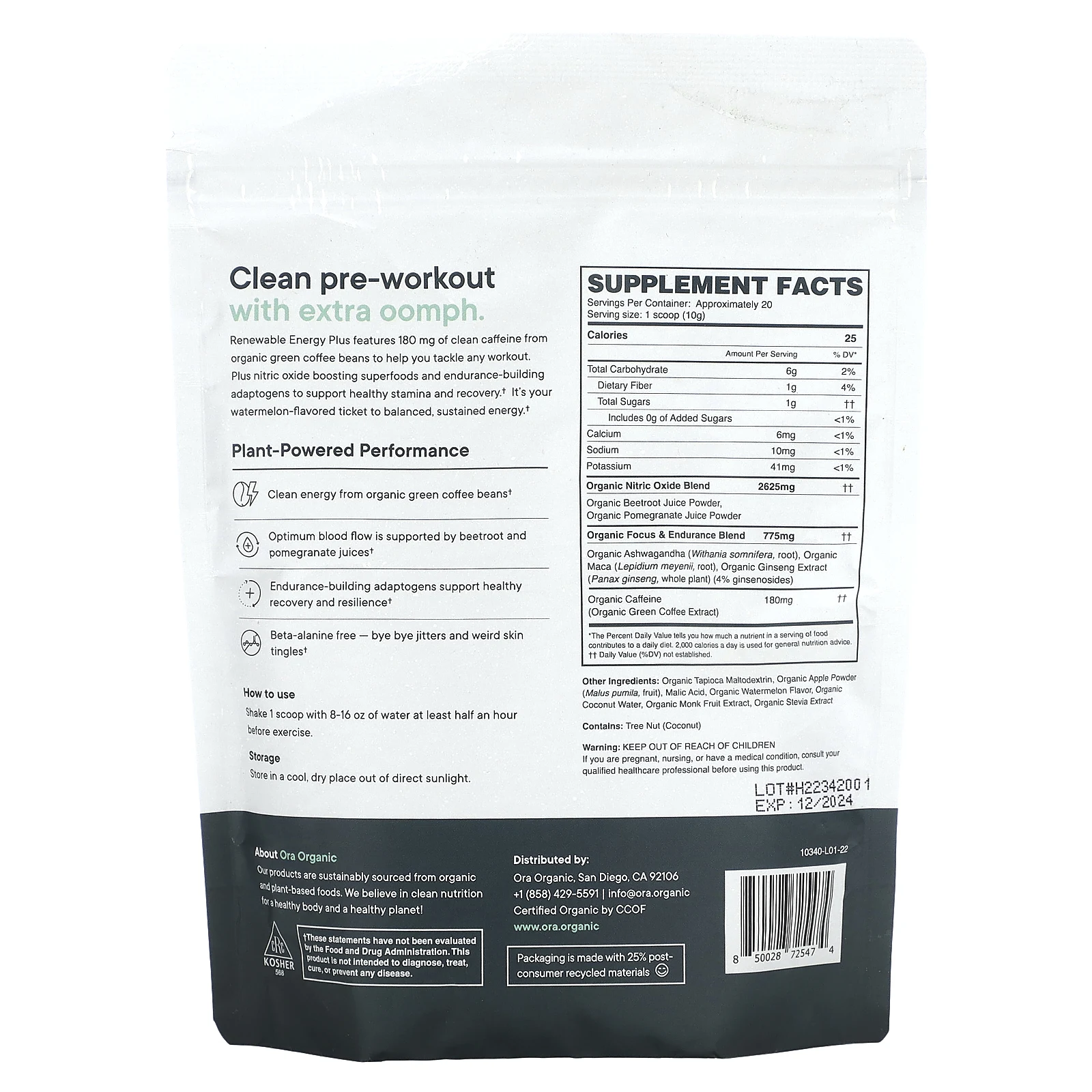 Ora, Renewable Energy Plus, предтренировочный комплекс для повышения результативности, со вкусом арбуза, 200 г (7,1 унции)