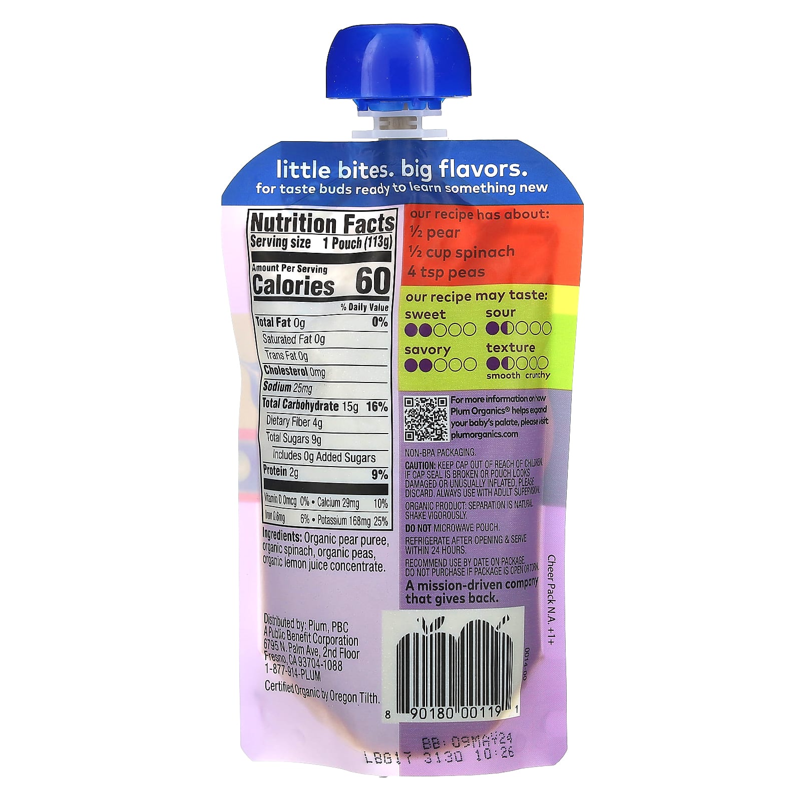 Plum Organics, органическое детское питание, от 6 месяцев, груша, шпинат и горох, 113 г (4 унции)