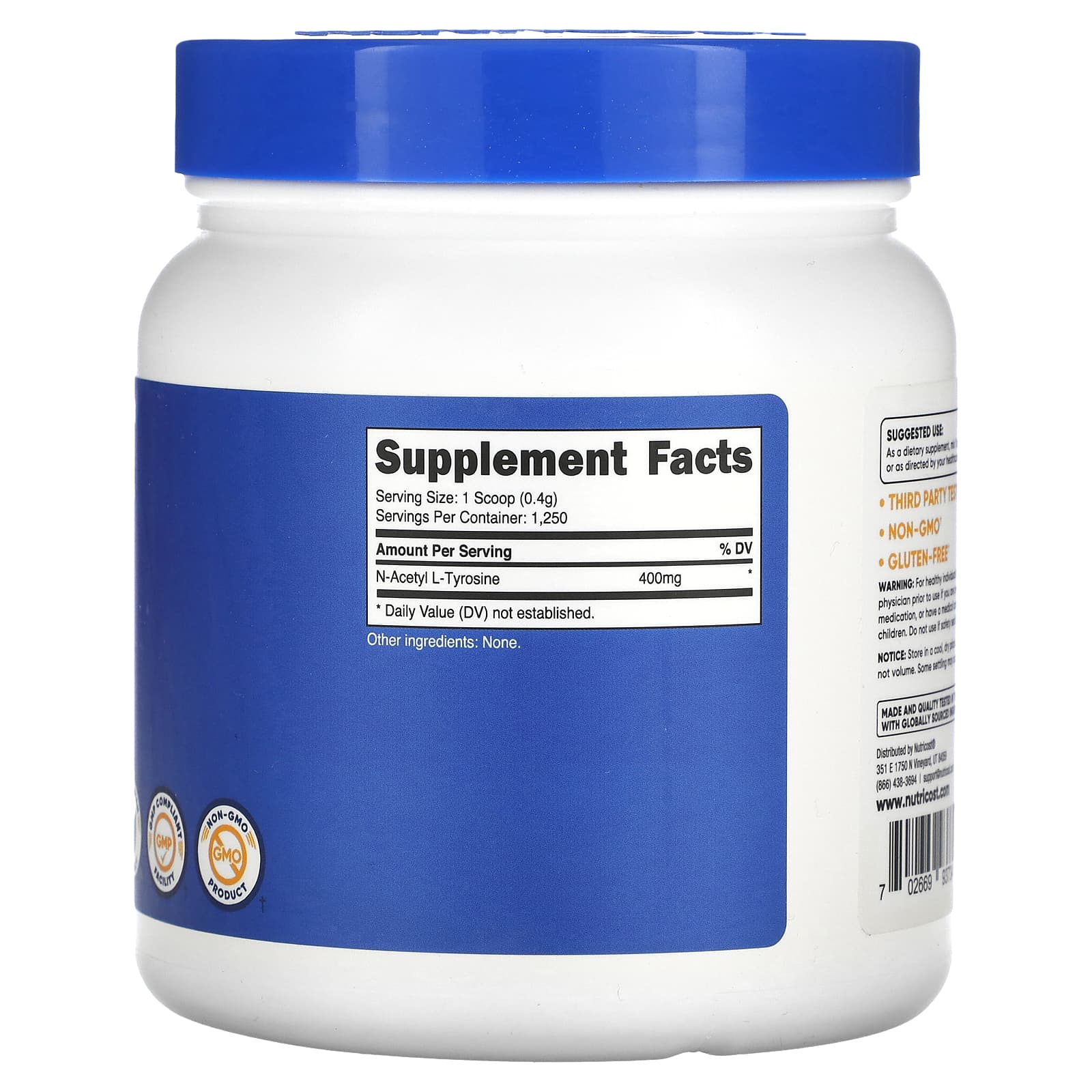 Nutricost, N-ацетил L-тирозин, без добавок, 500 г (1,1 фунта)