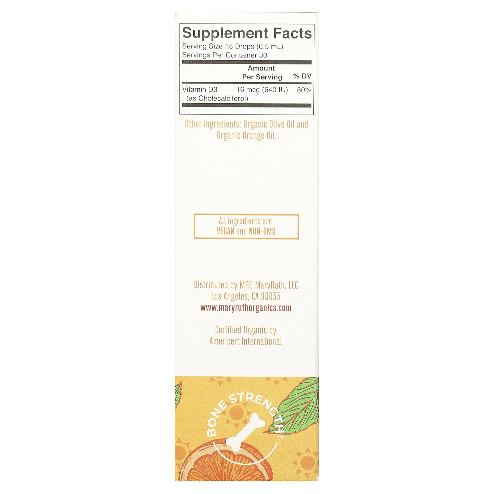 MaryRuth's, органический витамин D3 в каплях, для детей 4–13 лет, апельсин, 640 ед, 15 мл (0,5 жидк. унции)