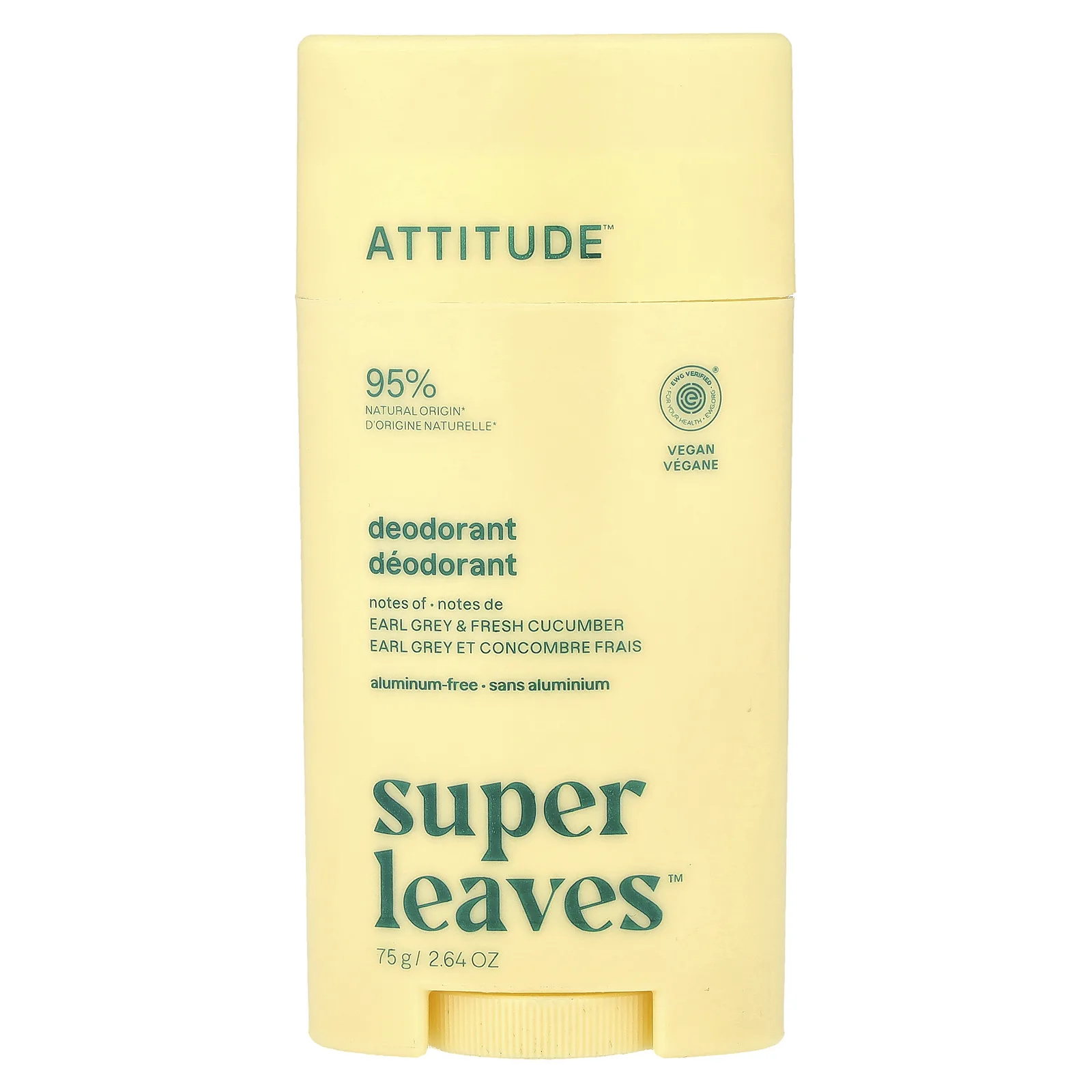ATTITUDE, Super Leaves™, дезодорант-стик, эрл грей и свежий огурец, 75 г (2,64 унции)