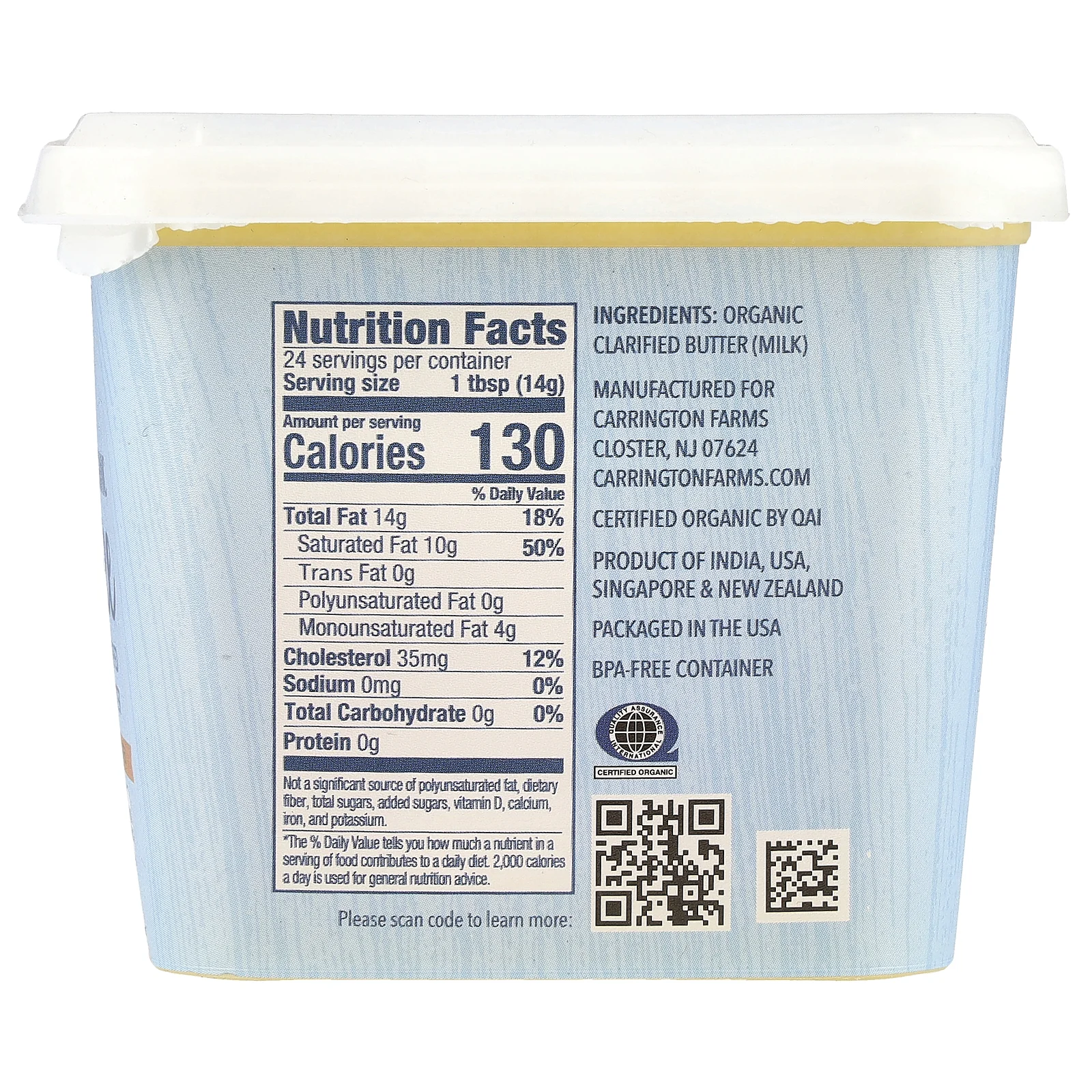 Carrington Farms, Органическое очищенное масло гхи, травяного откорма, 355 мл (12 жидк. унц.)