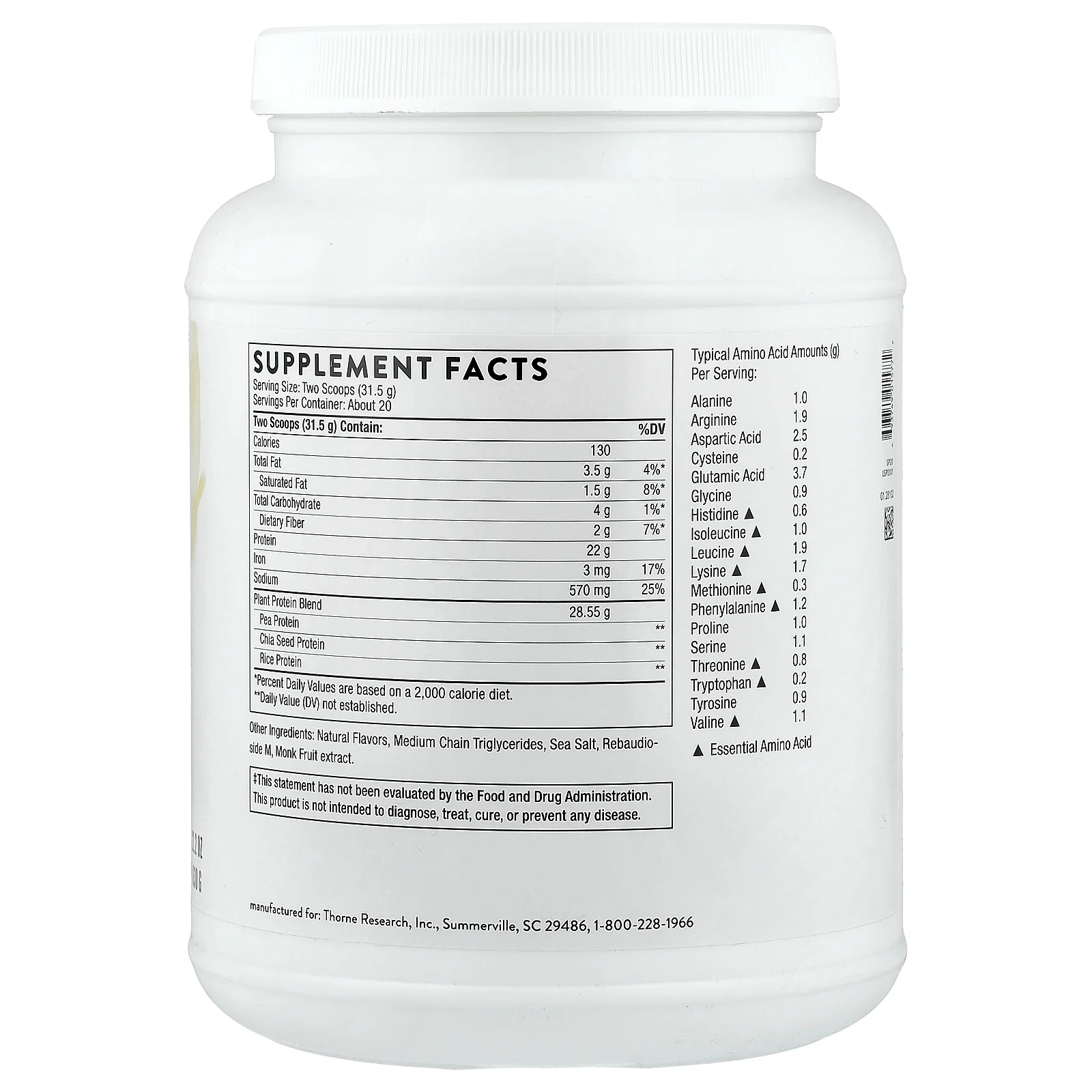 Thorne, растительный протеин, со вкусом ванили, 630 г (1,39 фунта)