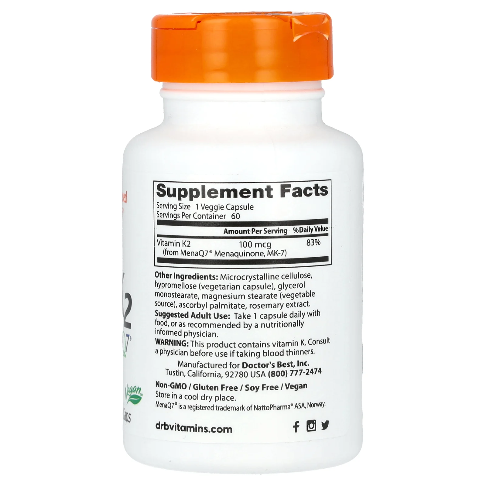 Doctor's Best, натуральный витамин K2 MK-7 с MenaQ7, 100 мкг, 60 вегетарианских капсул