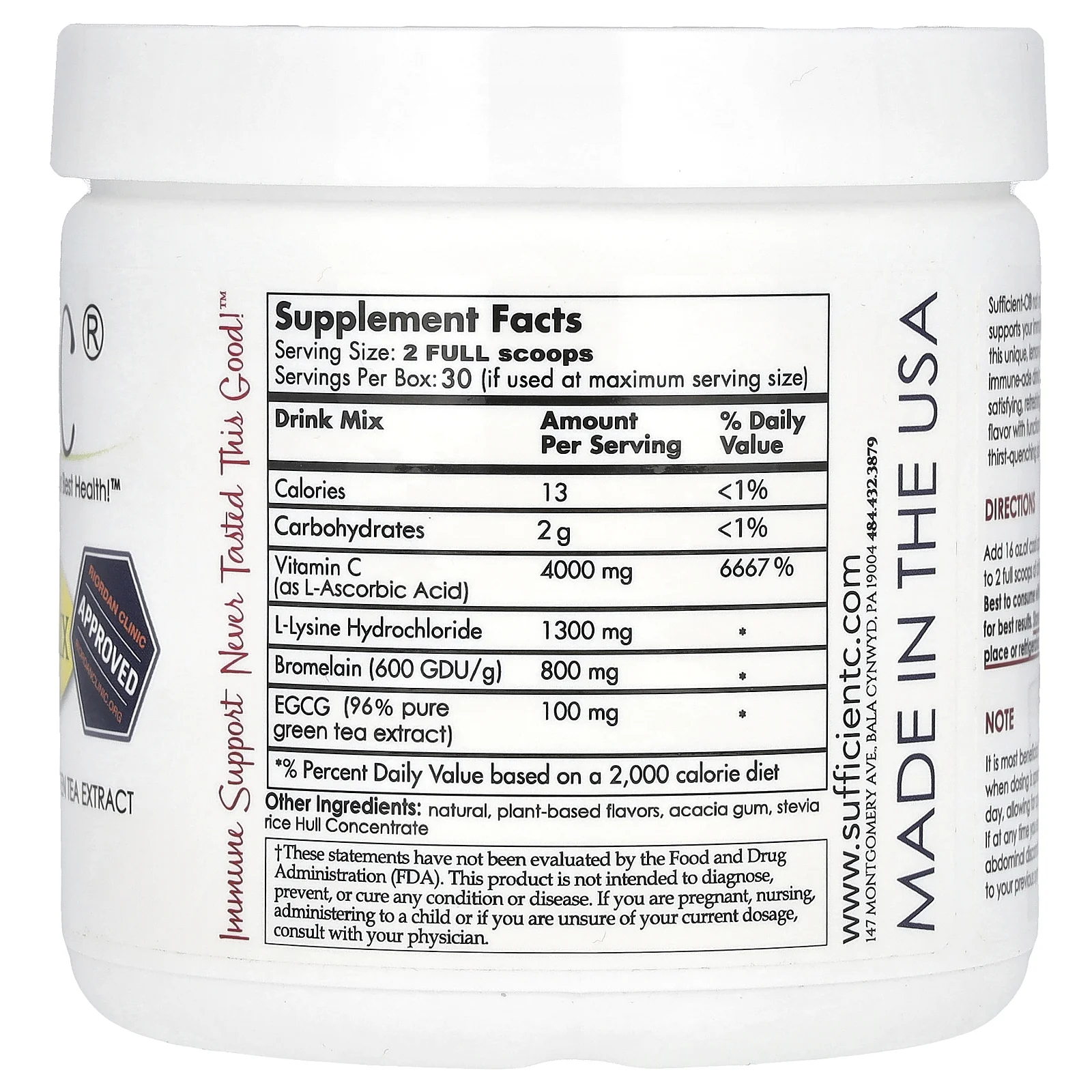 Sufficient C, Высокодозированная смесь для приготовления иммунизированных напитков, лимон и персик, 4000 мг, 250 г