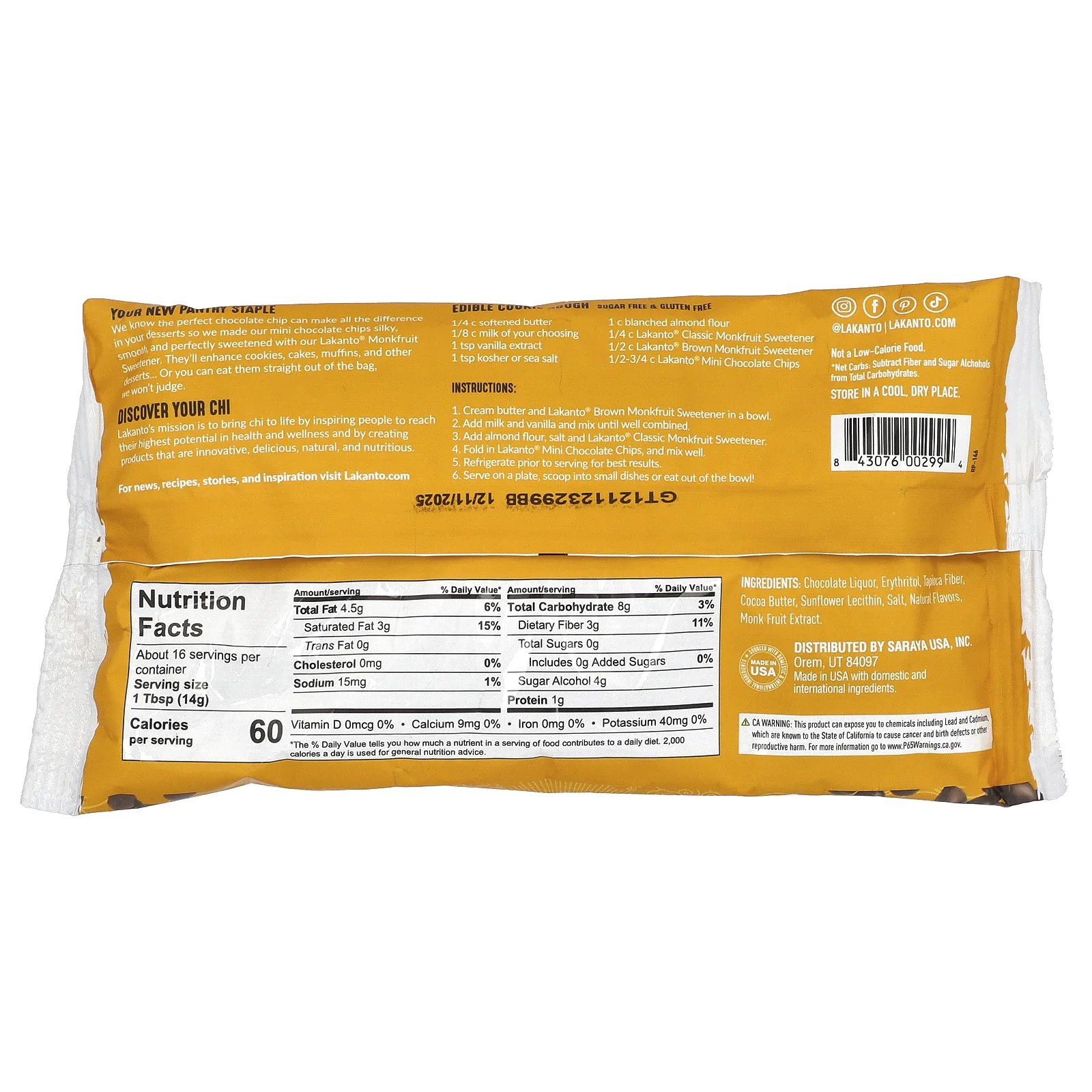 Lakanto, Шоколадная крошка, 227 г (8 унций)