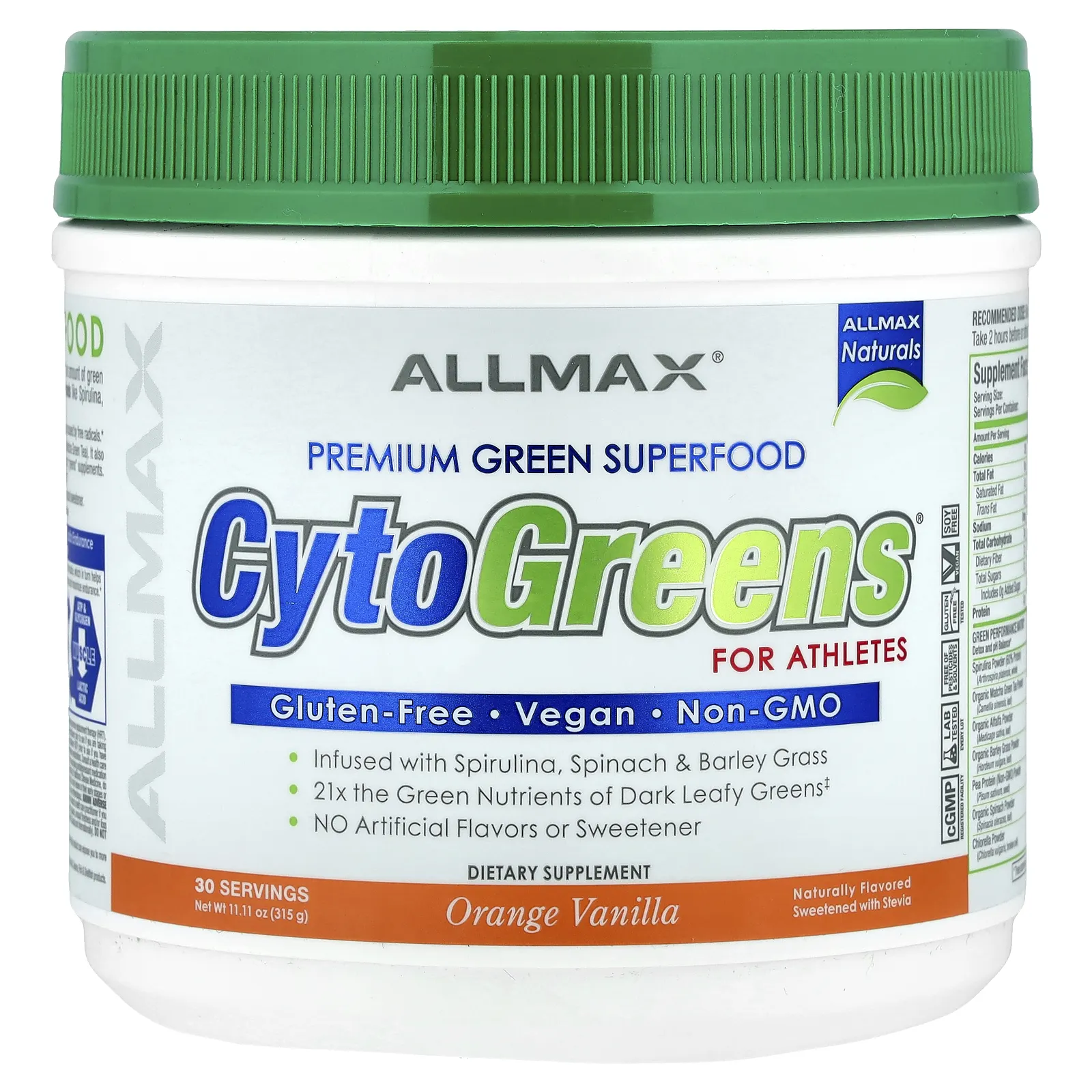ALLMAX, CytoGreens®, зеленый суперфуд премиального качества для спортсменов, со вкусом апельсина и ванили, 315 г (11,11 унции)