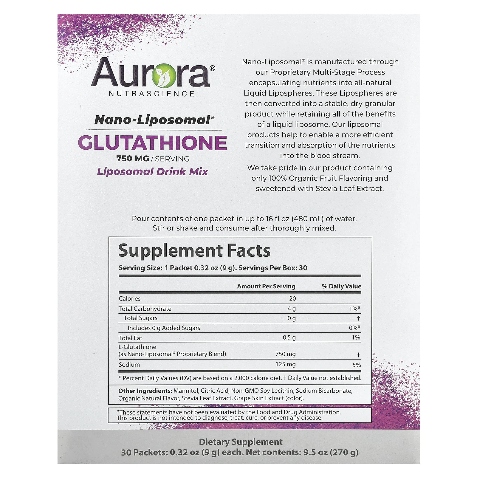 Aurora Nutrascience, Nano-Liposomal, глутатион, смесь для приготовления липосомальных напитков, 750 мг, 30 пакетиков по 9 г (0,32 унции)