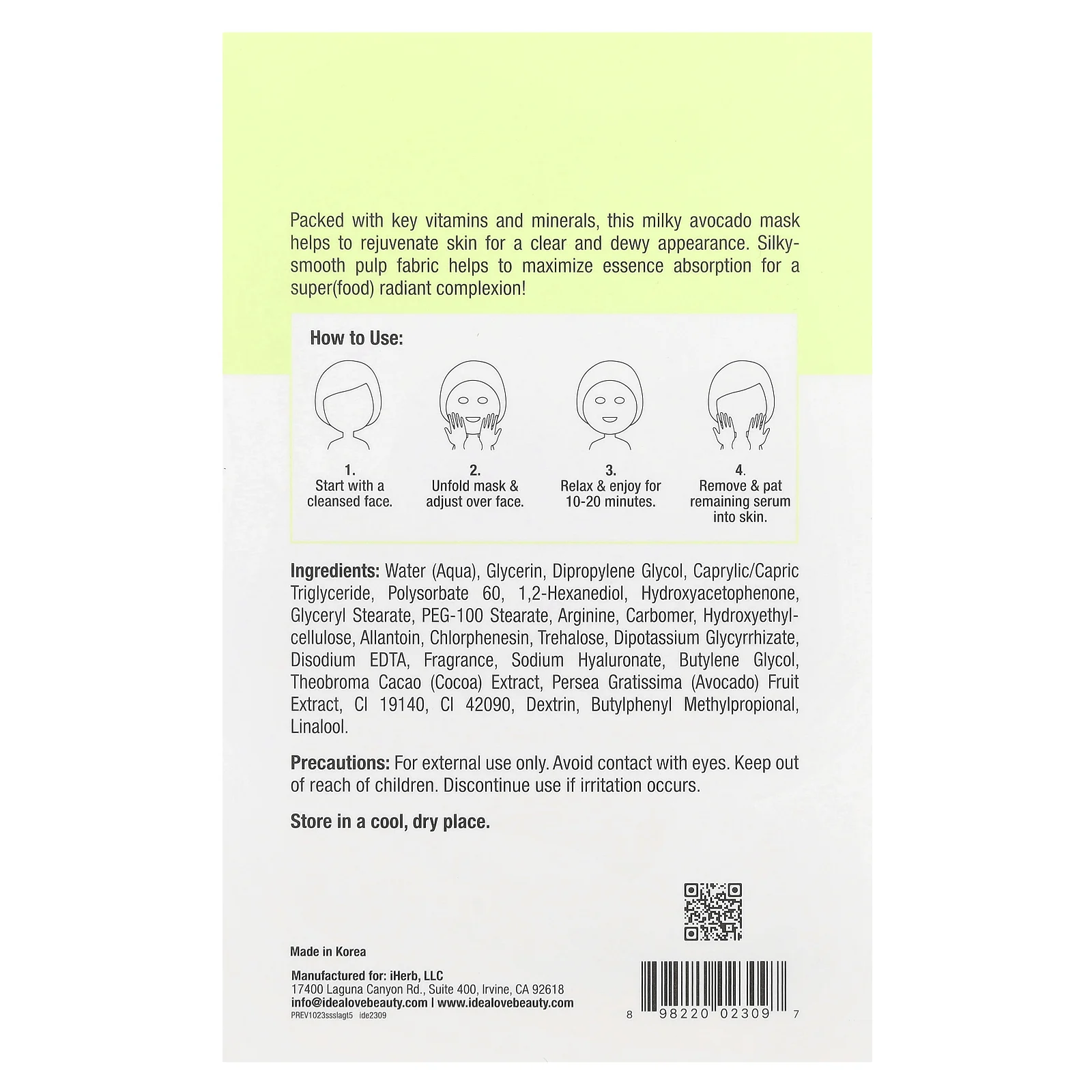 Idealove, Superfood Skin Savior, маска для лица с суперфудами, авокадо, 5 шт. по 20 мл (0,68 жидк. унции)