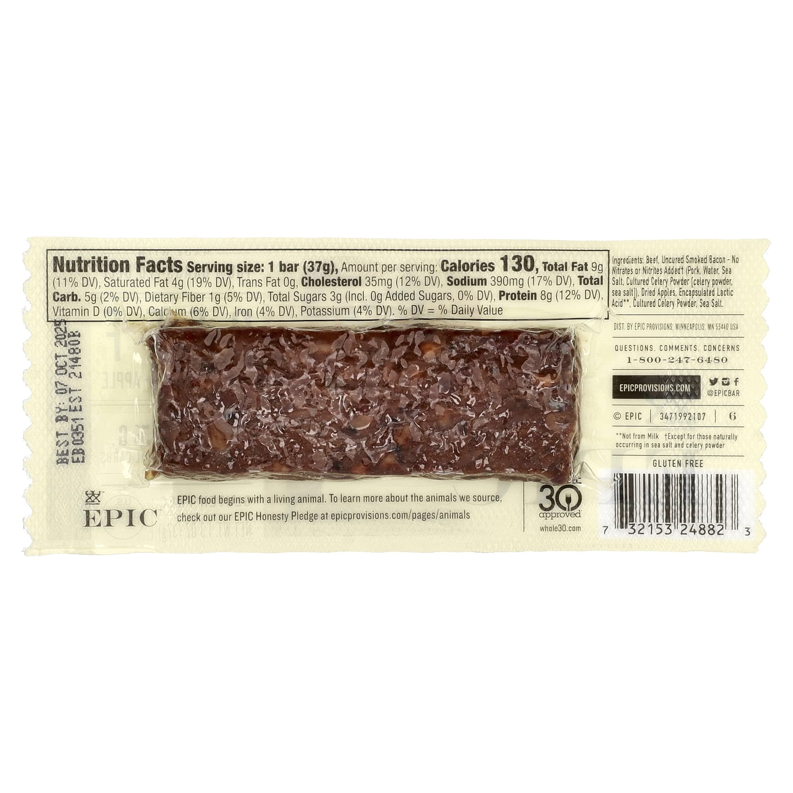 Epic Bar, Говяжий батончик, неотложный бекон + яблоко, 37 г (1,3 унции)