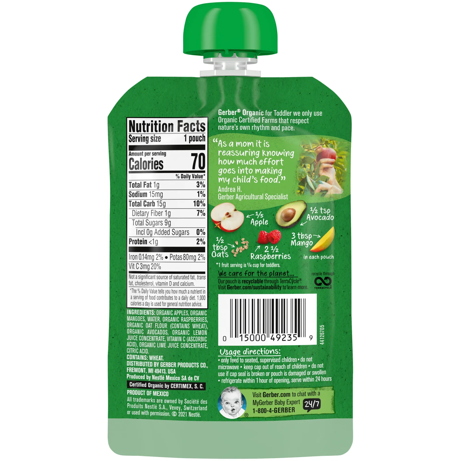 Gerber, Organic для малышей от 12 месяцев, овсянка с яблоком, манго, малиной и авокадо, 99 г (3,5 унции)