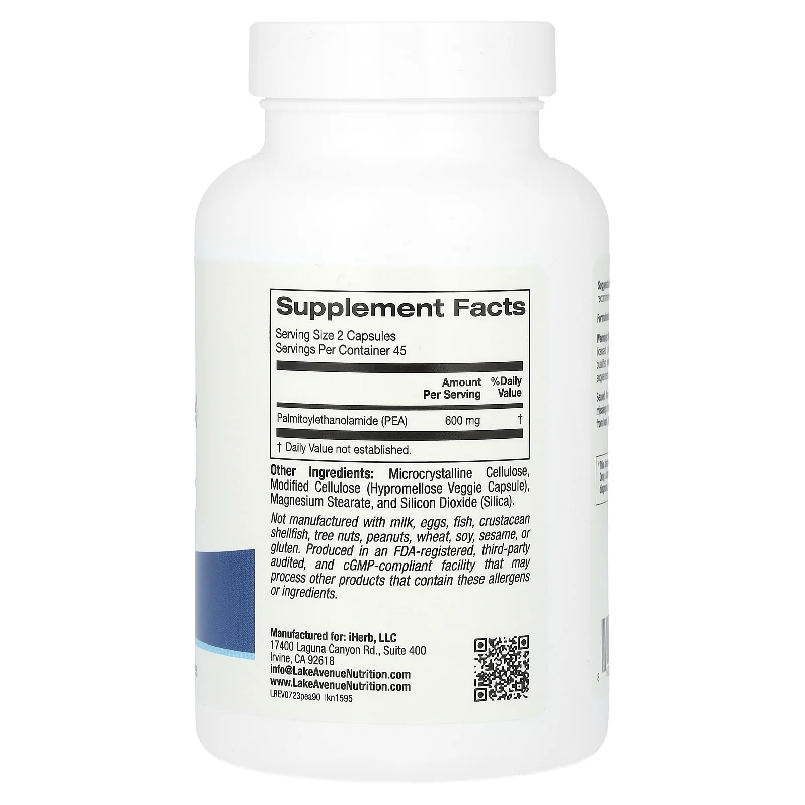 Lake Avenue Nutrition, ПЭА (пальмитоилэтаноламид), 90 вегетарианских капсул