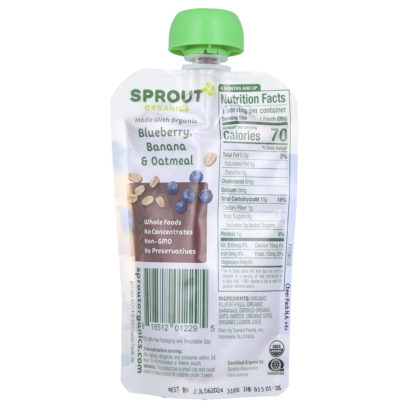 Sprout Organics, детское питание от 6 месяцев и старше, голубика, банан и овсянка, 99 г (3,5 унции)