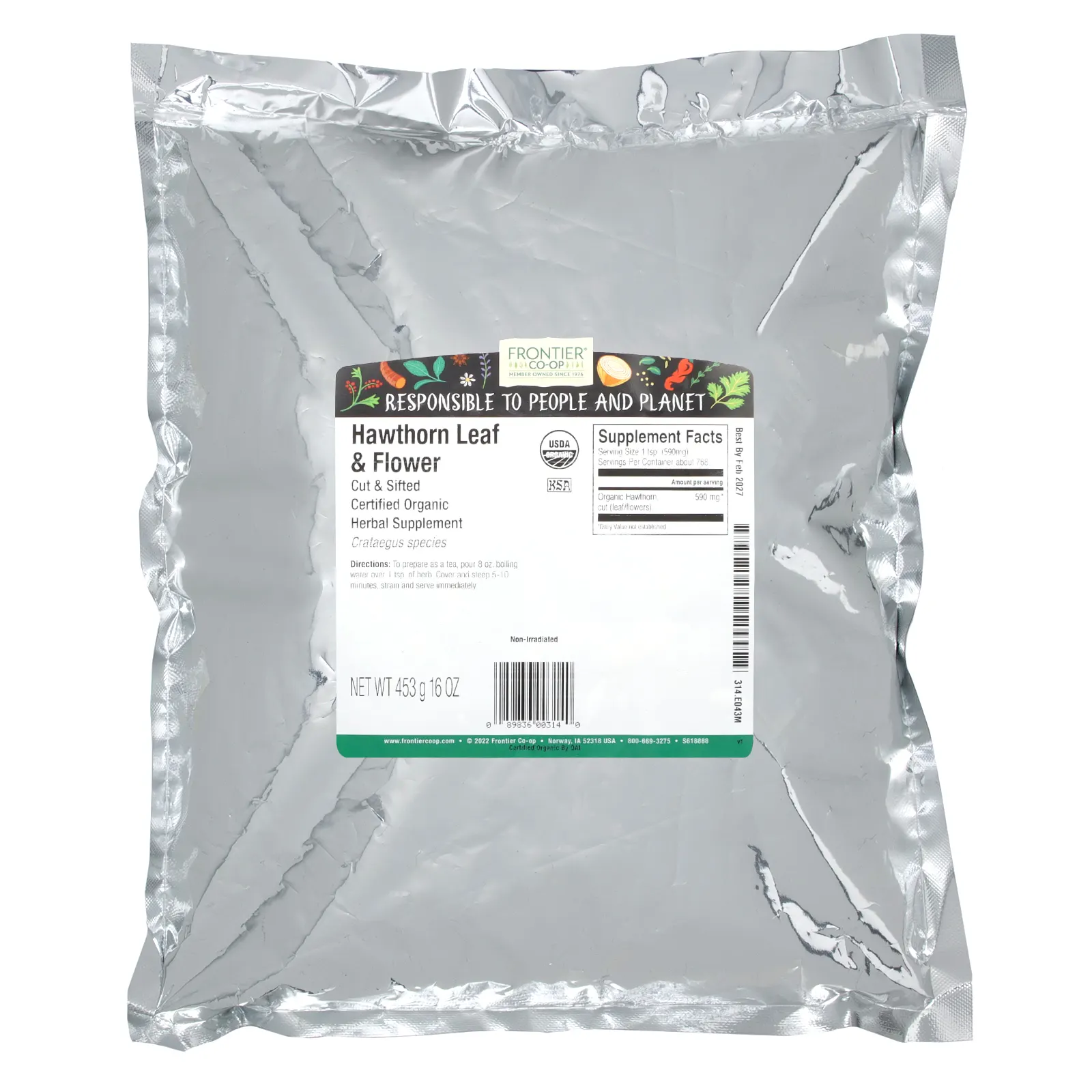 Frontier Co-op, Органические просеянные и срезанные листья и цветы боярышника, 453 г (16 унций)