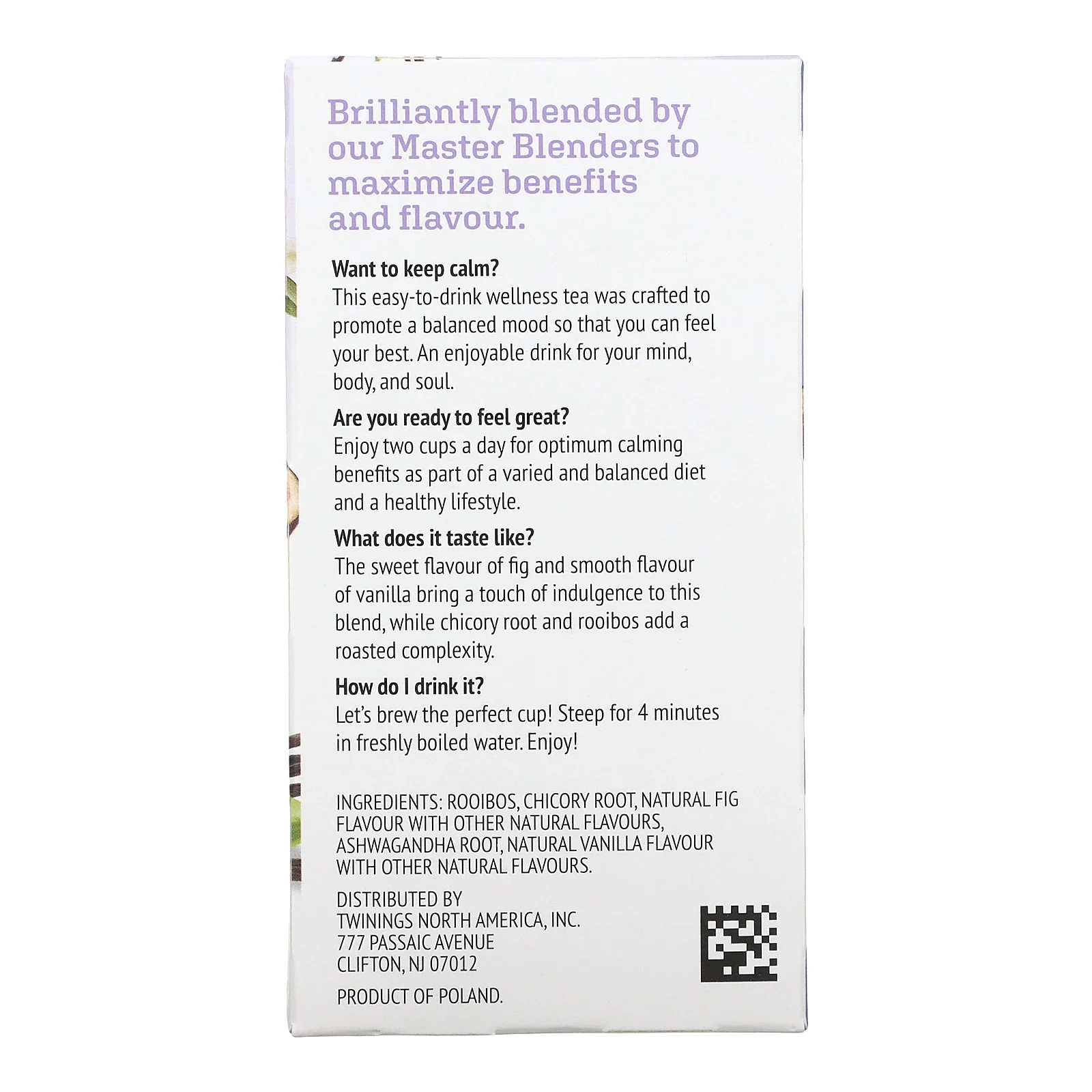 Twinings, Calm, адаптогены, травяной чай со вкусом инжира и ванили, без кофеина, 18 чайных пакетиков, 36 г (1,27 унции)