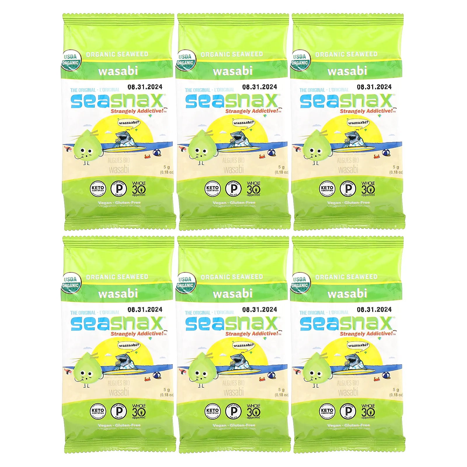 SeaSnax, органические морские водоросли, васаби, 6 пакетиков по 5 г (0,18 унции)