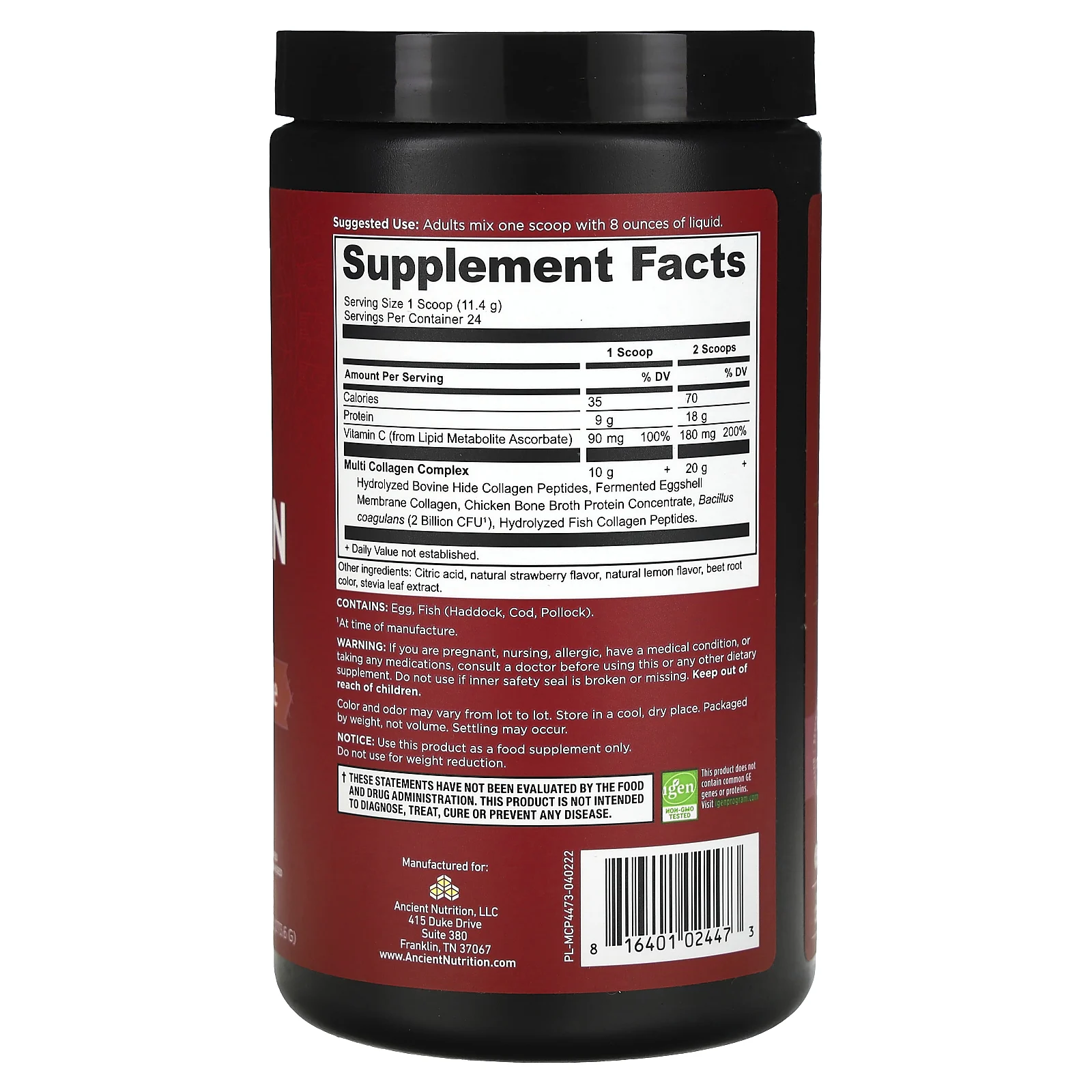 Ancient Nutrition, коллагеновый протеин нескольких типов, со вкусом клубничного лимонада, 273,6 г (9,65 унции)