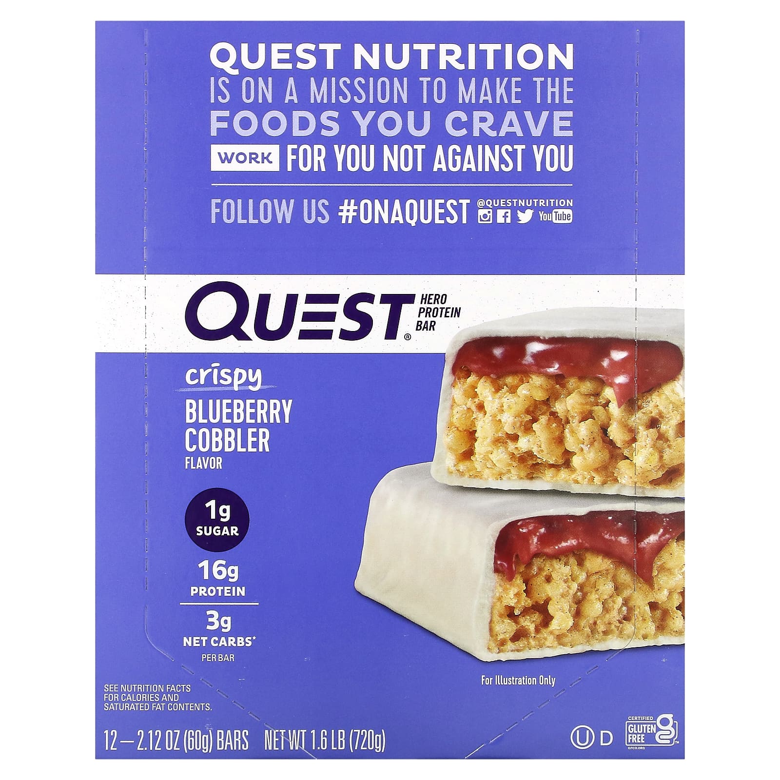 Quest Nutrition, протеиновый батончик, хрустящий пирог с голубикой, 12 батончиков по 60 г (2,12 унции)