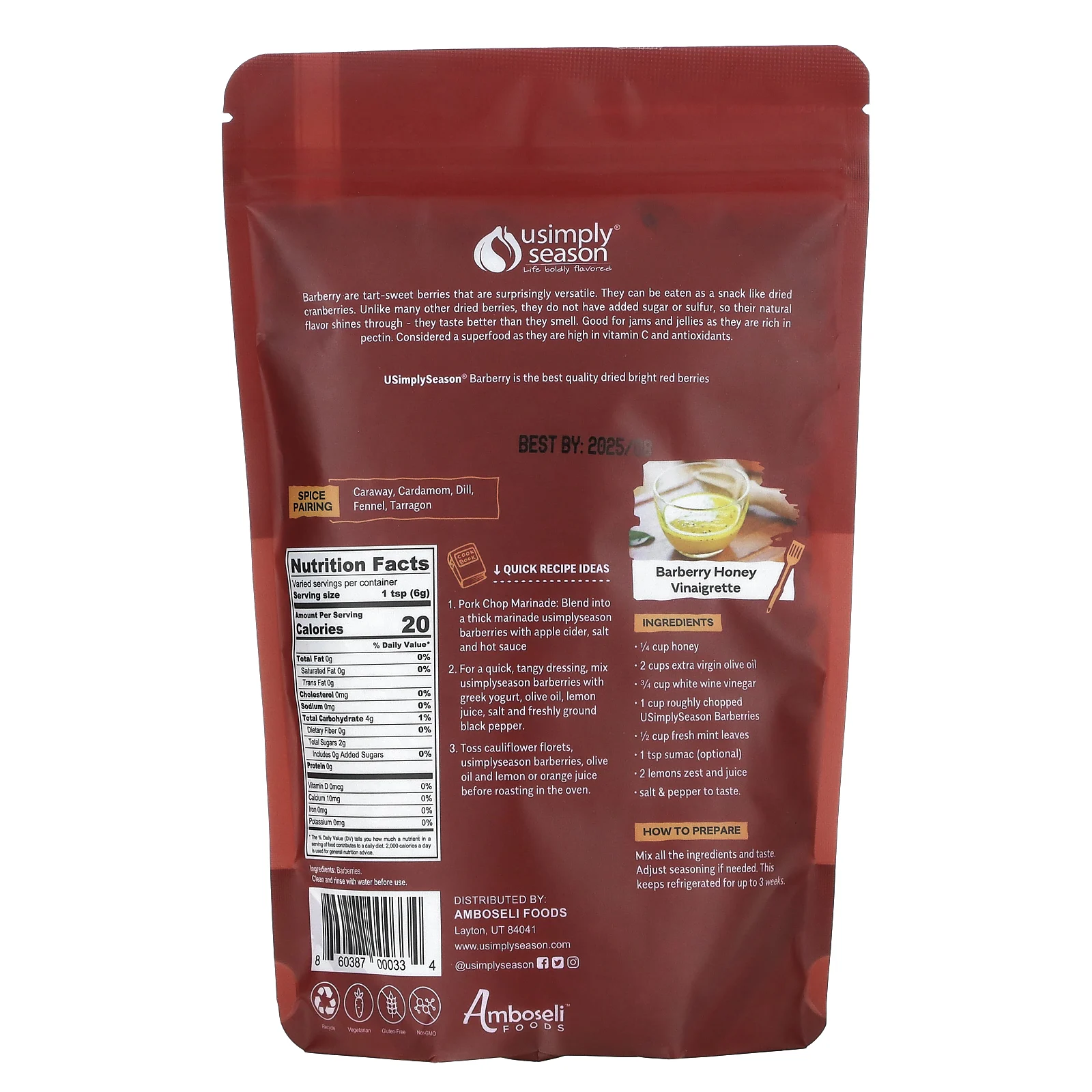 USimplySeason, ремесленные ягоды, барбарис (зарешк), цельный, 226 г (8 унций)