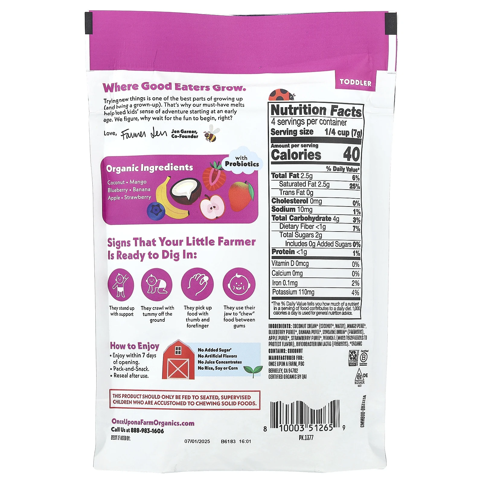 Once Upon A Farm, Organic Coconut Melts, для малышей, ягодное ассорти, 28 г (1 унция)