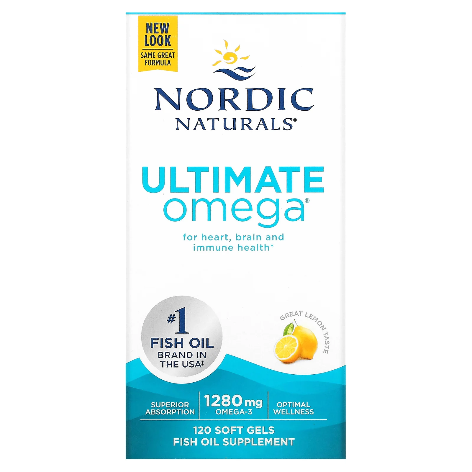 Nordic Naturals, Ultimate Omega, высокоэффективные омега-3 кислоты, со вкусом лимона, 1280 мг, 120 капсул (640 мг в 1 капсуле)
