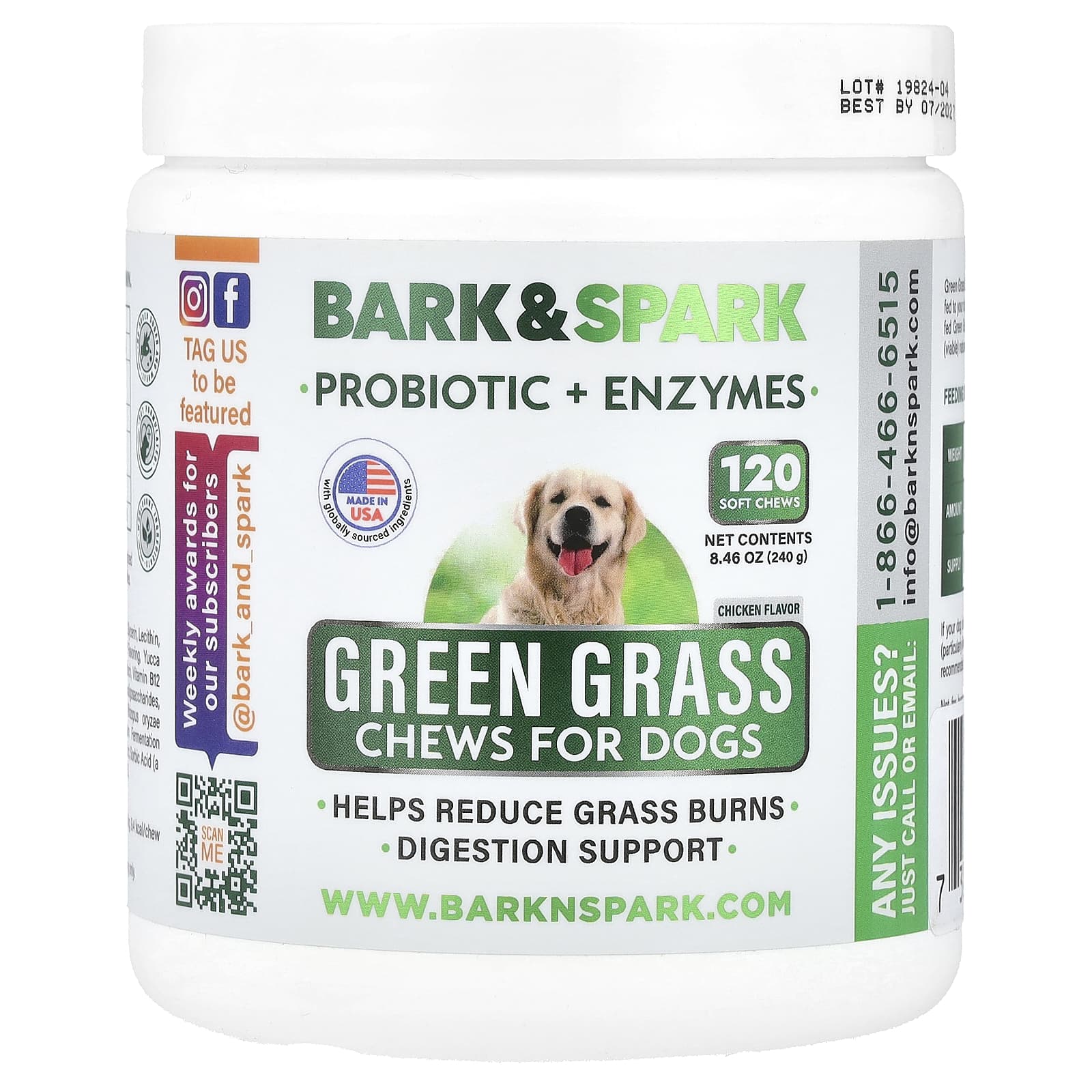 Bark&Spark, Green Grass Chews, For Dogs, Chicken, 120 Soft Chews, 8.46 oz (240 g)