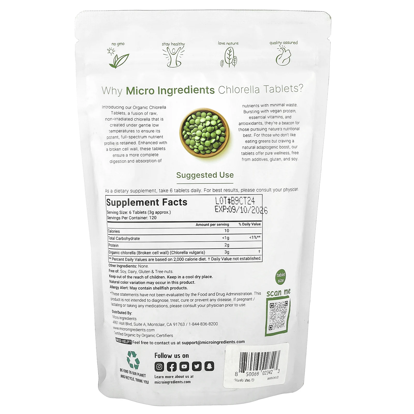 Micro Ingredients, Таблетка с органической хлореллой, 3 г, 720 таблеток (0,5 г в 1 таблетке)