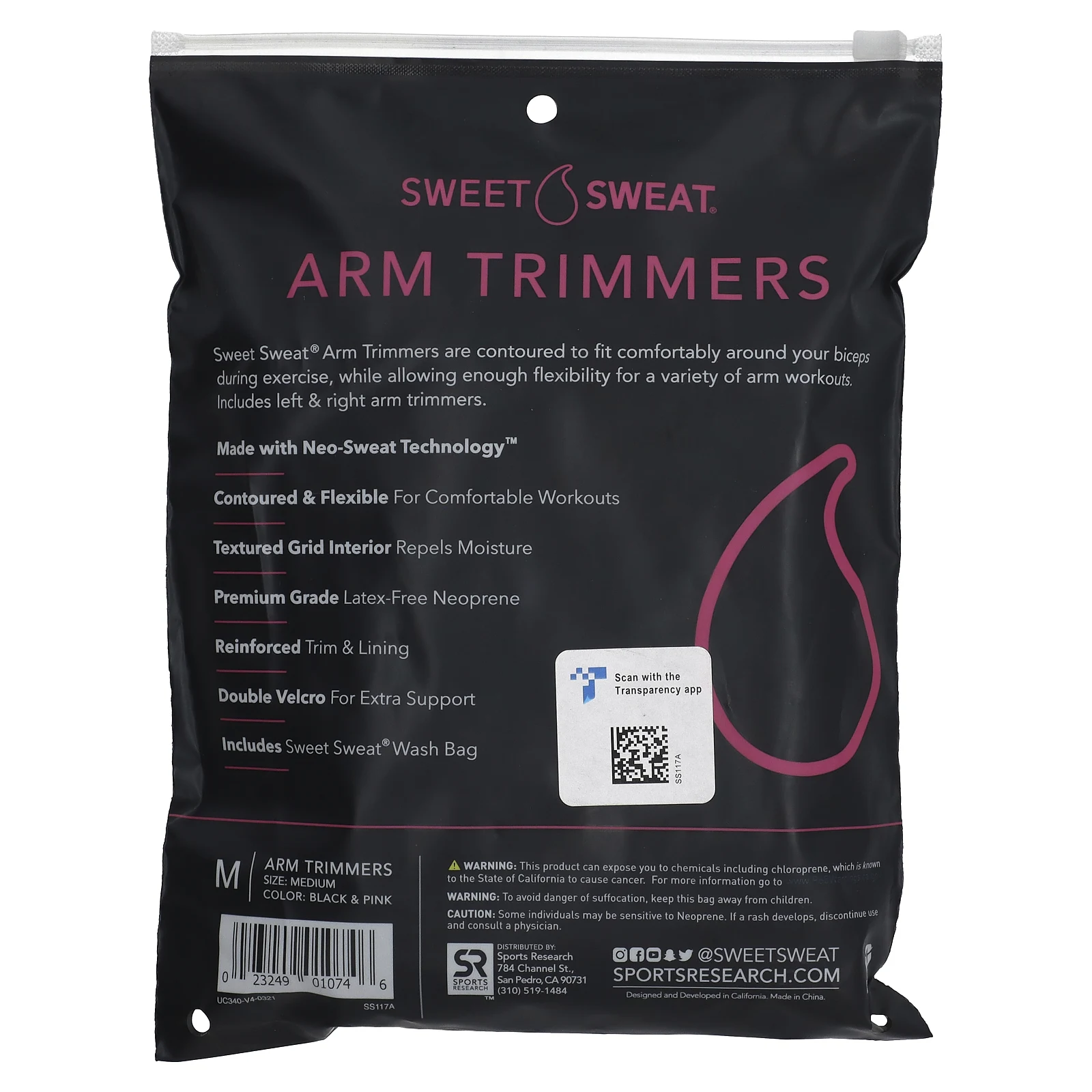 Sports Research, Sweet Sweat, триммеры для рук, средние, черный и розовый, 1 пара