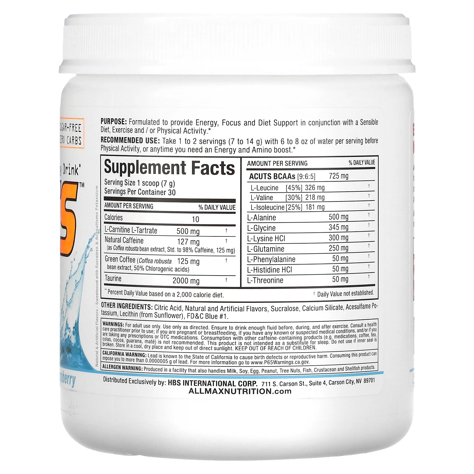 ALLMAX, ACUTS, энергетический напиток с аминокислотами, голубая малина, 210 г (7,4 унции)