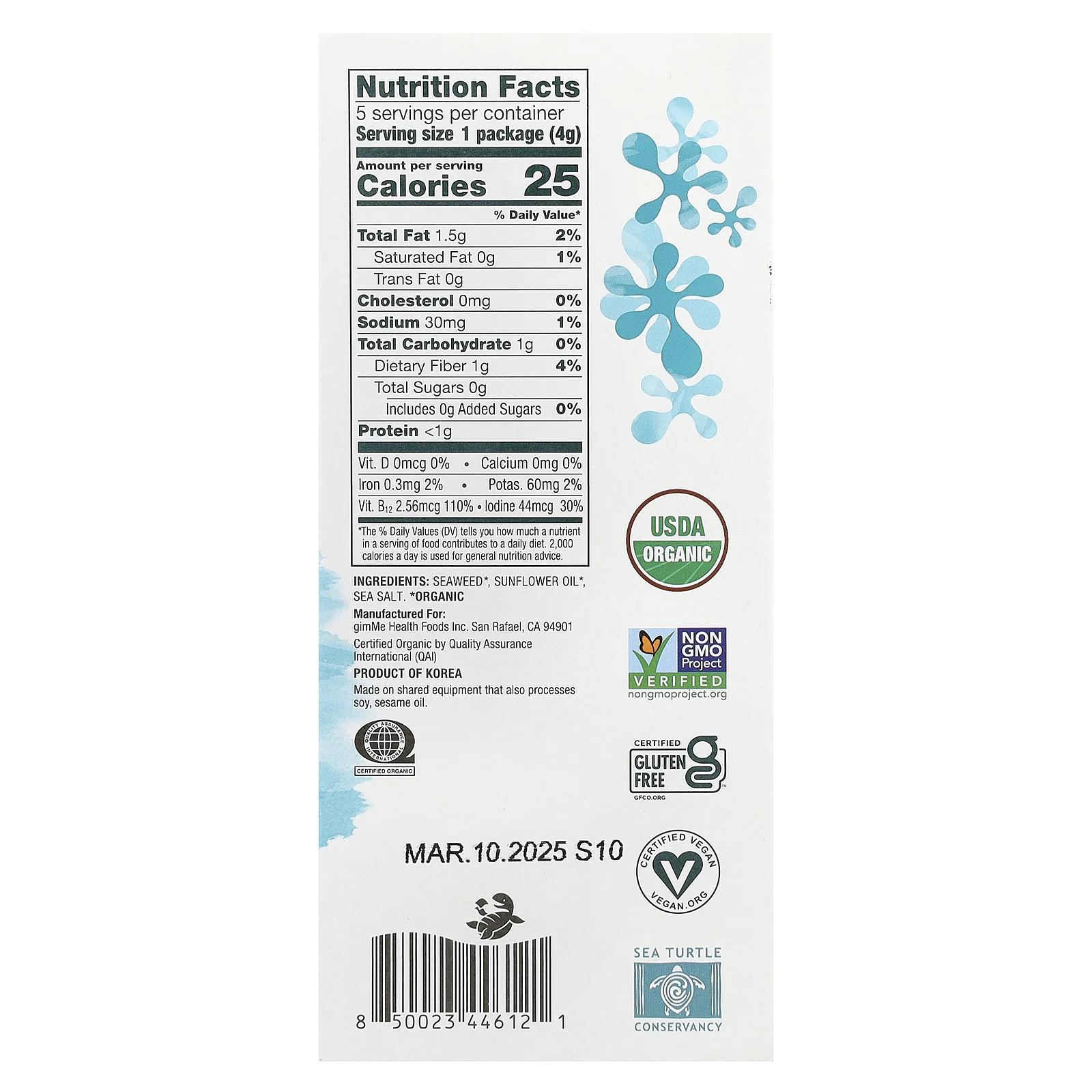 gimMe, Grab & Go, жареные снеки из морских водорослей, морская соль, 5 шт. В упаковке, 4 г (0,14 унции)