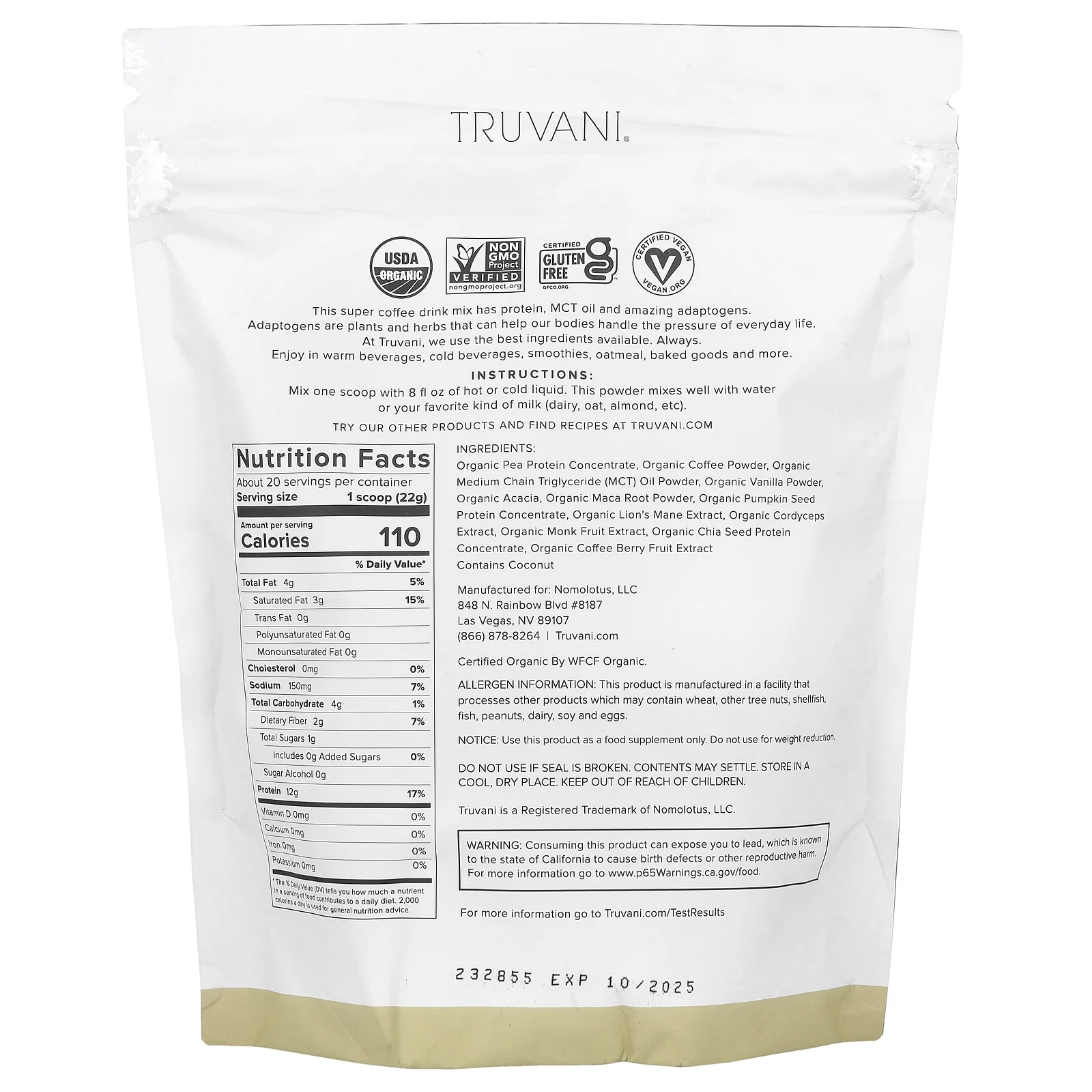 Truvani, Protein + Energy, ванильный латте, 450 г (15,87 унции)