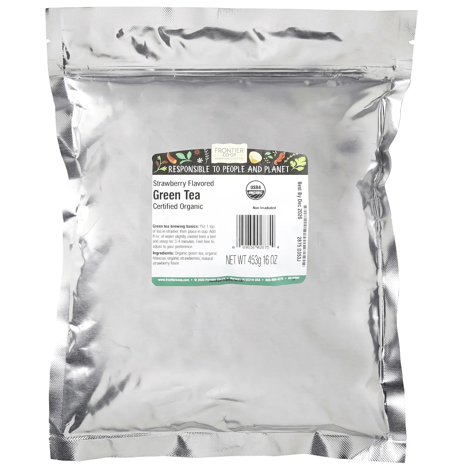 Frontier Co-op, Органический зеленый чай, клубника, 453 г (16 унций)
