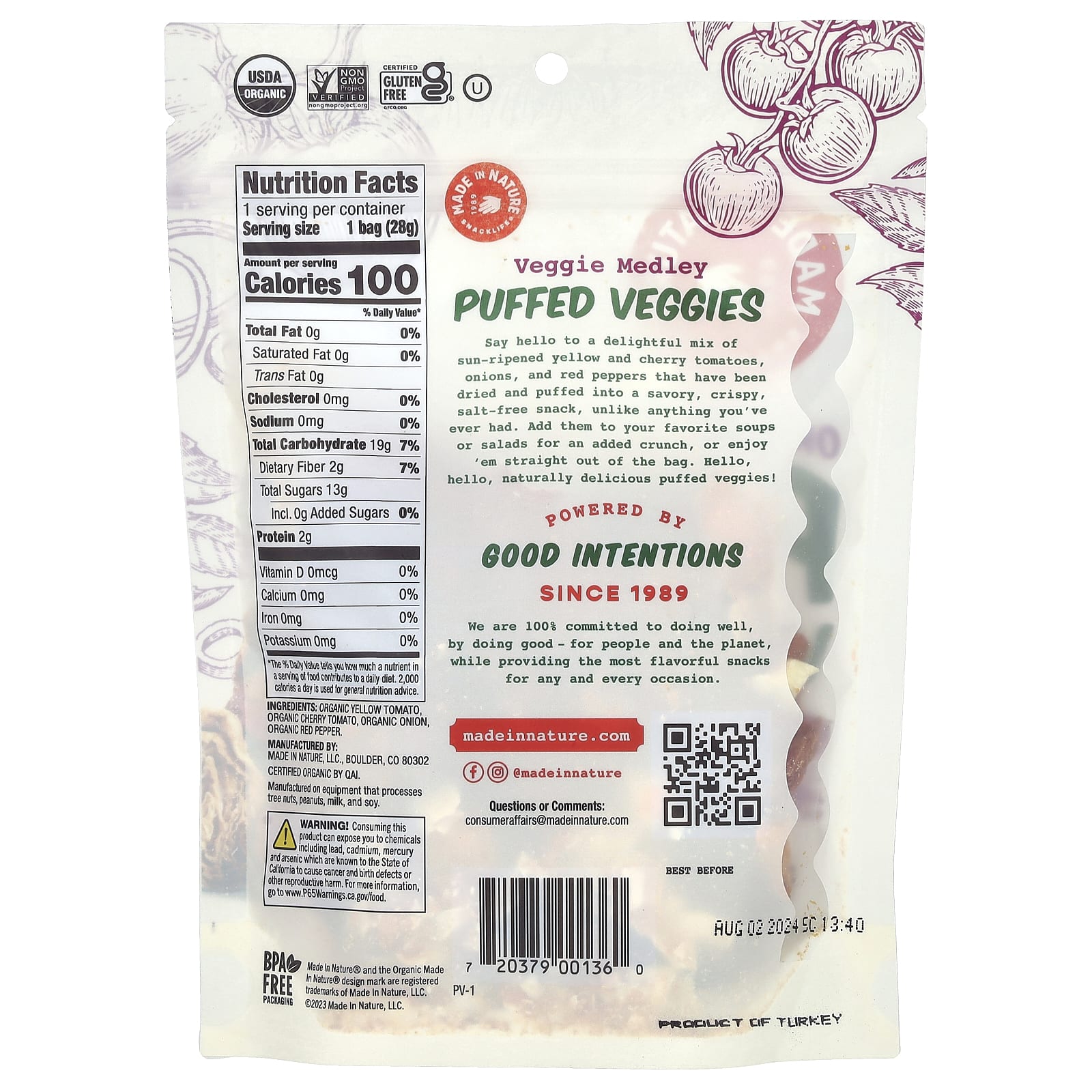 Made in Nature, Органические воздушные овощи, вегетарианская смесь, 28 г (1 унция)