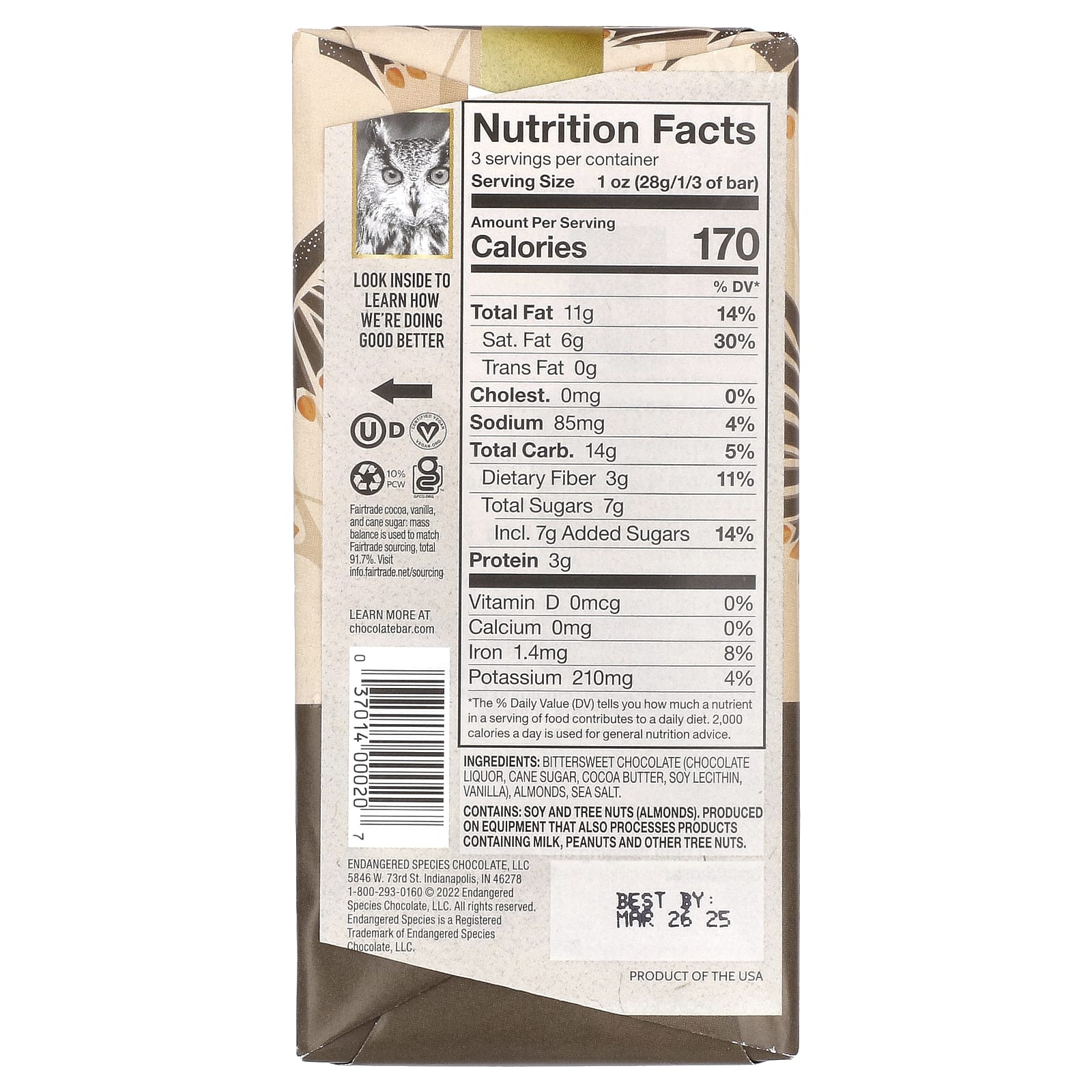 Endangered Species Chocolate, черный шоколад с миндалем и морской солью, 72% какао, 85 г (3 унции)