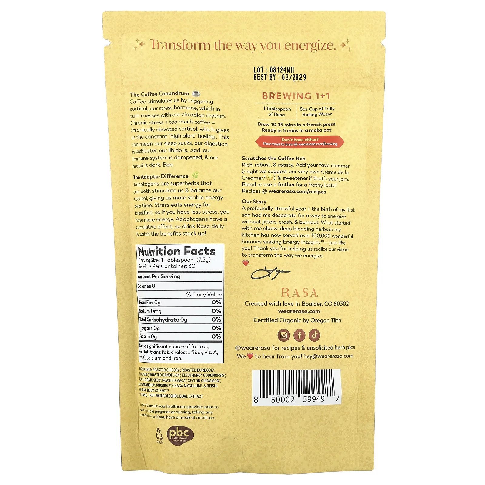 Rasa, Травяной альтернативный кофе, упакованный адаптогенами, оригинальный, 226 г (8 унций)