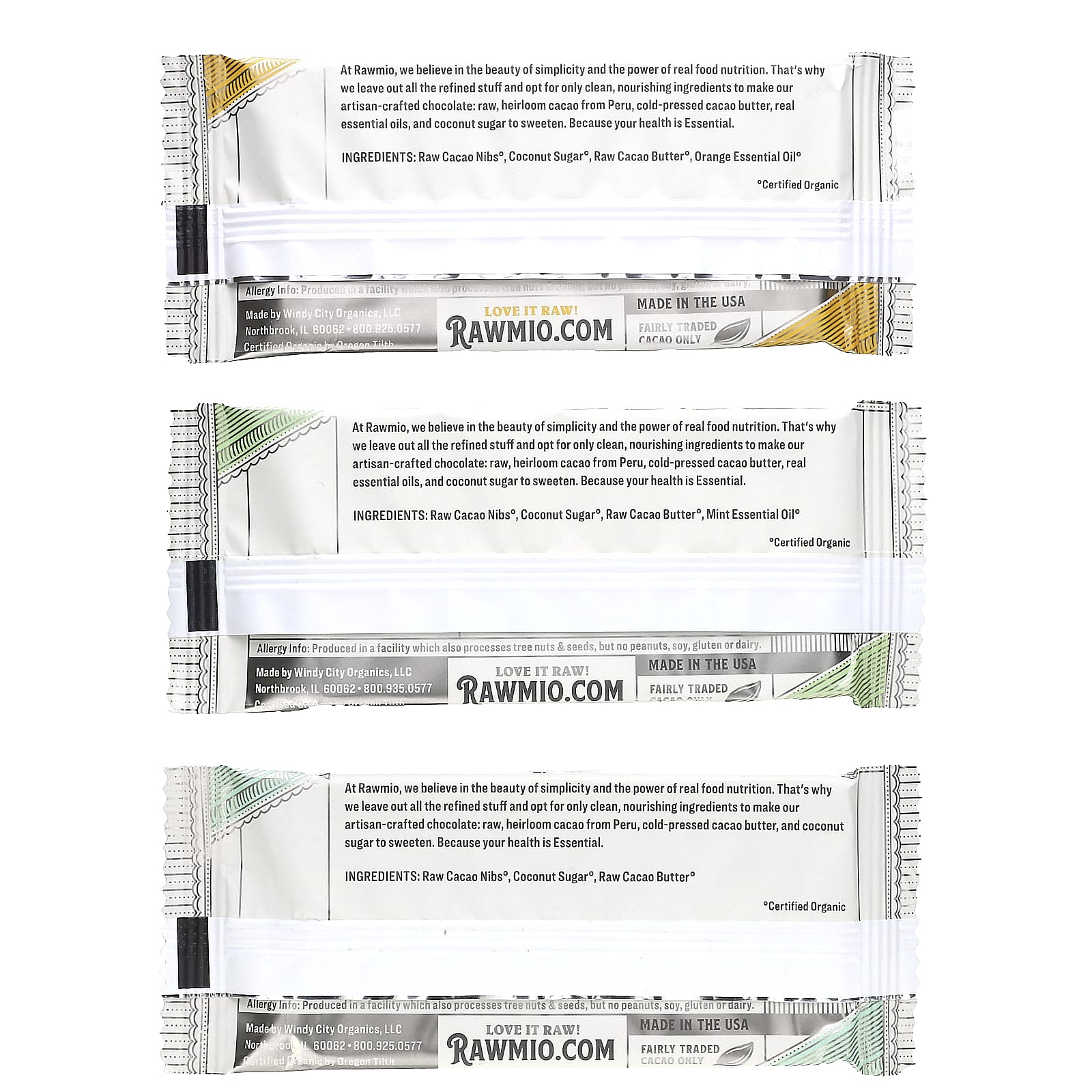 Rawmio, Essential Bar, органический необработанный шоколад, 70% какао, апельсин, перечная мята, оригинальный вкус, 3 батончика по 30 г (1,1 унции)