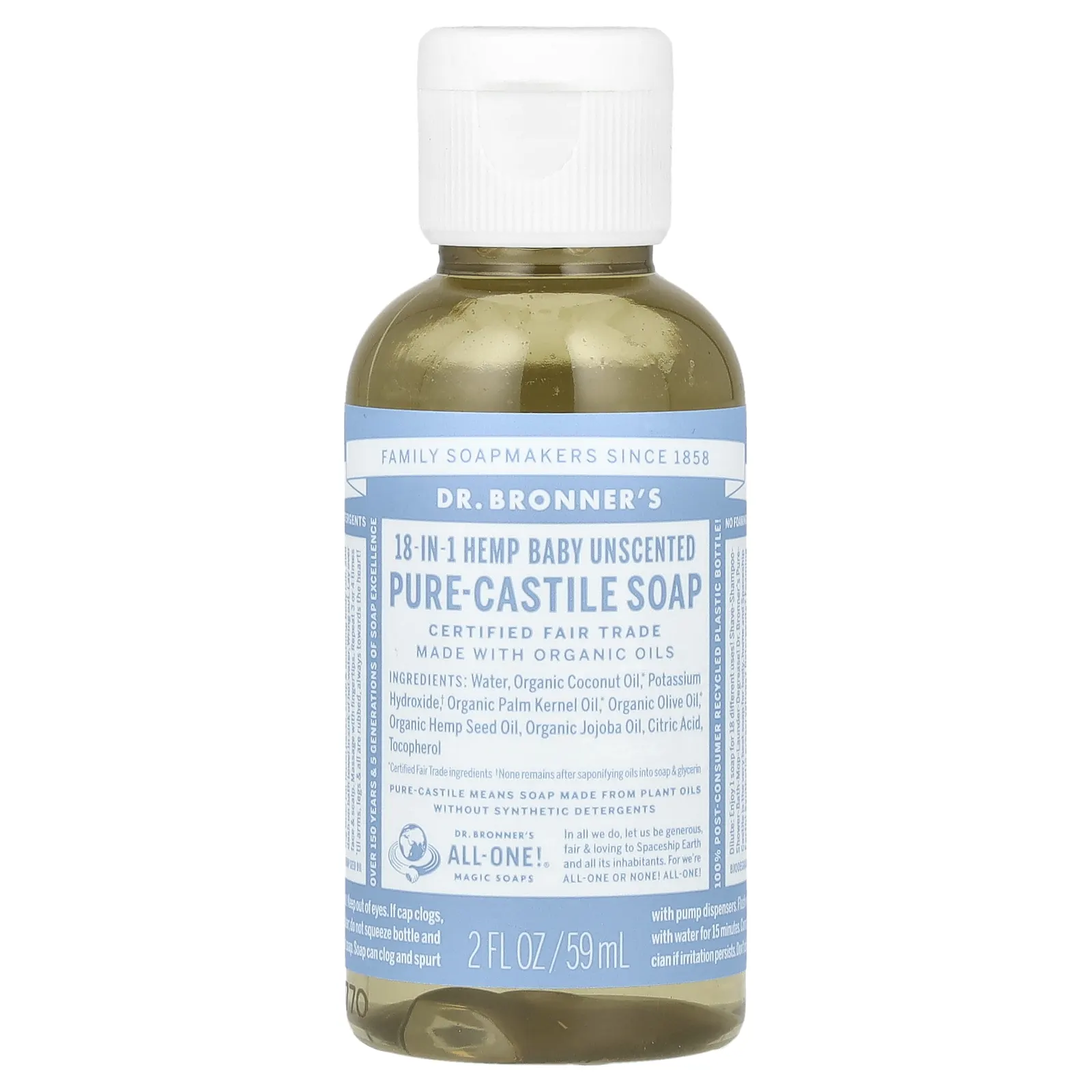 Dr. Bronner's, Чистое кастильское мыло из конопли 18-в-1, детское без запаха, 59 мл (2 жидк. Унции)