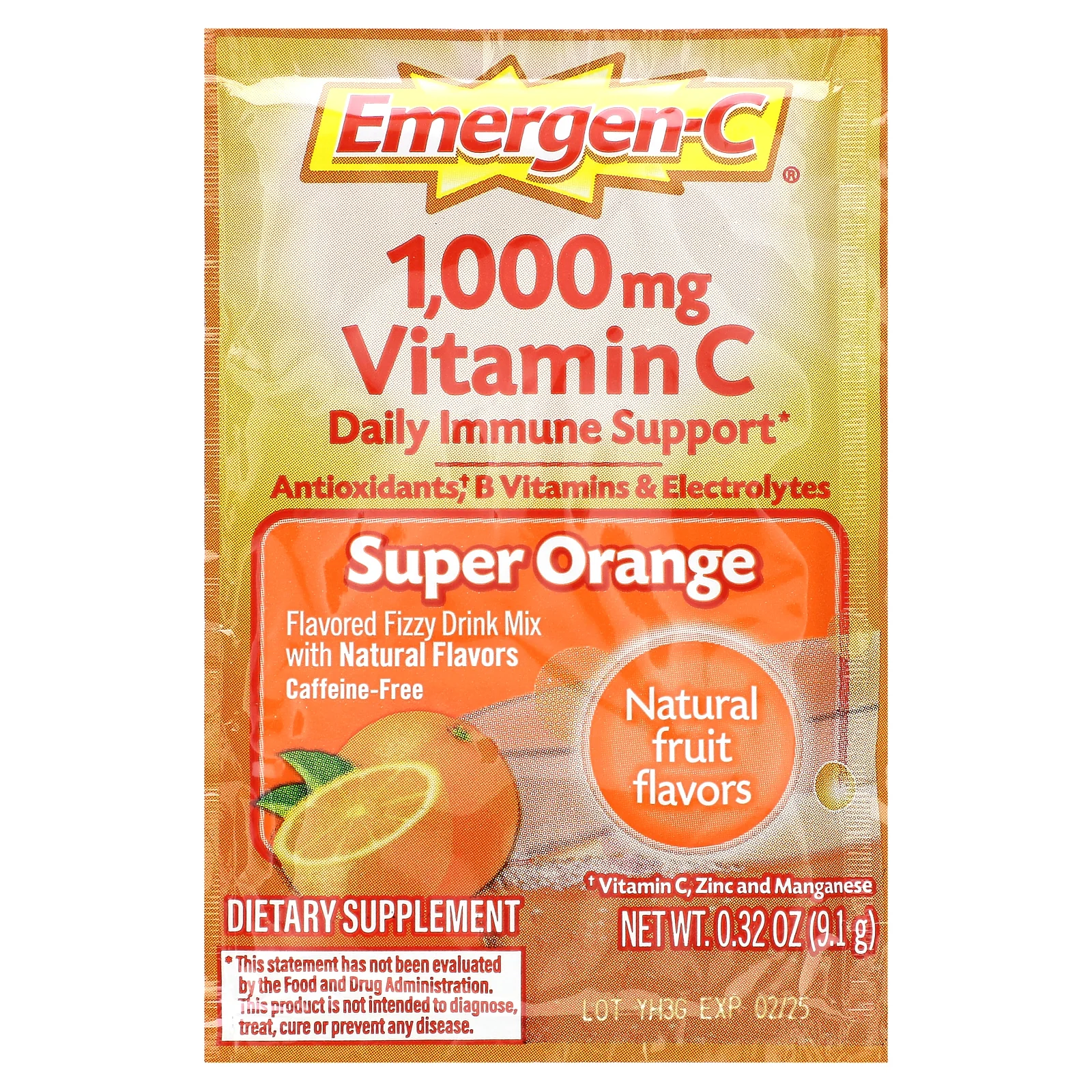 Emergen-C, Витамин C, смесь ароматизированных газированных напитков, супер-апельсин, 1000 мг, 30 пакетиков по 9,1 г (0,32 унции)