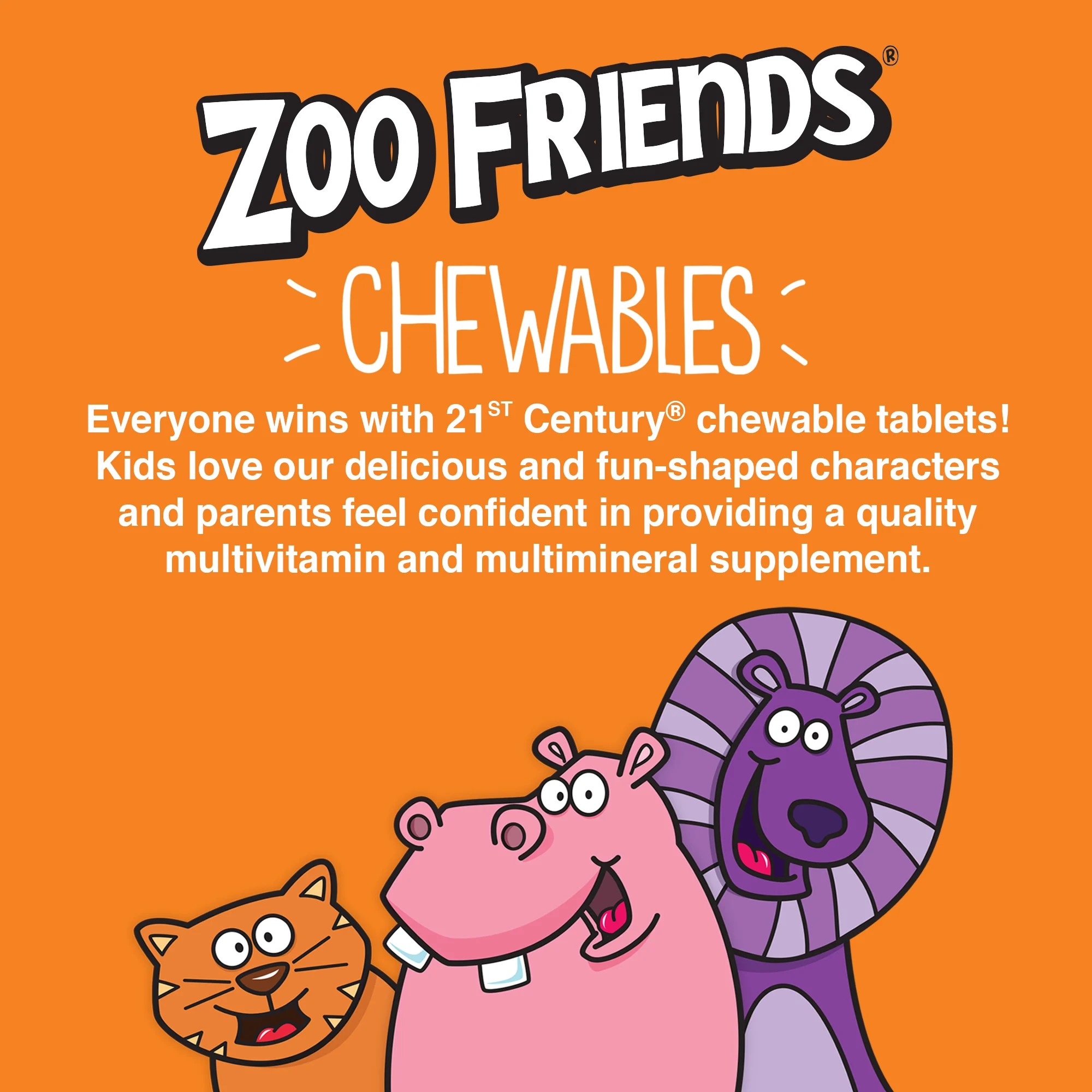 21st Century, Zoo Friends с добавлением витамина C, апельсин, 60 жевательных таблеток