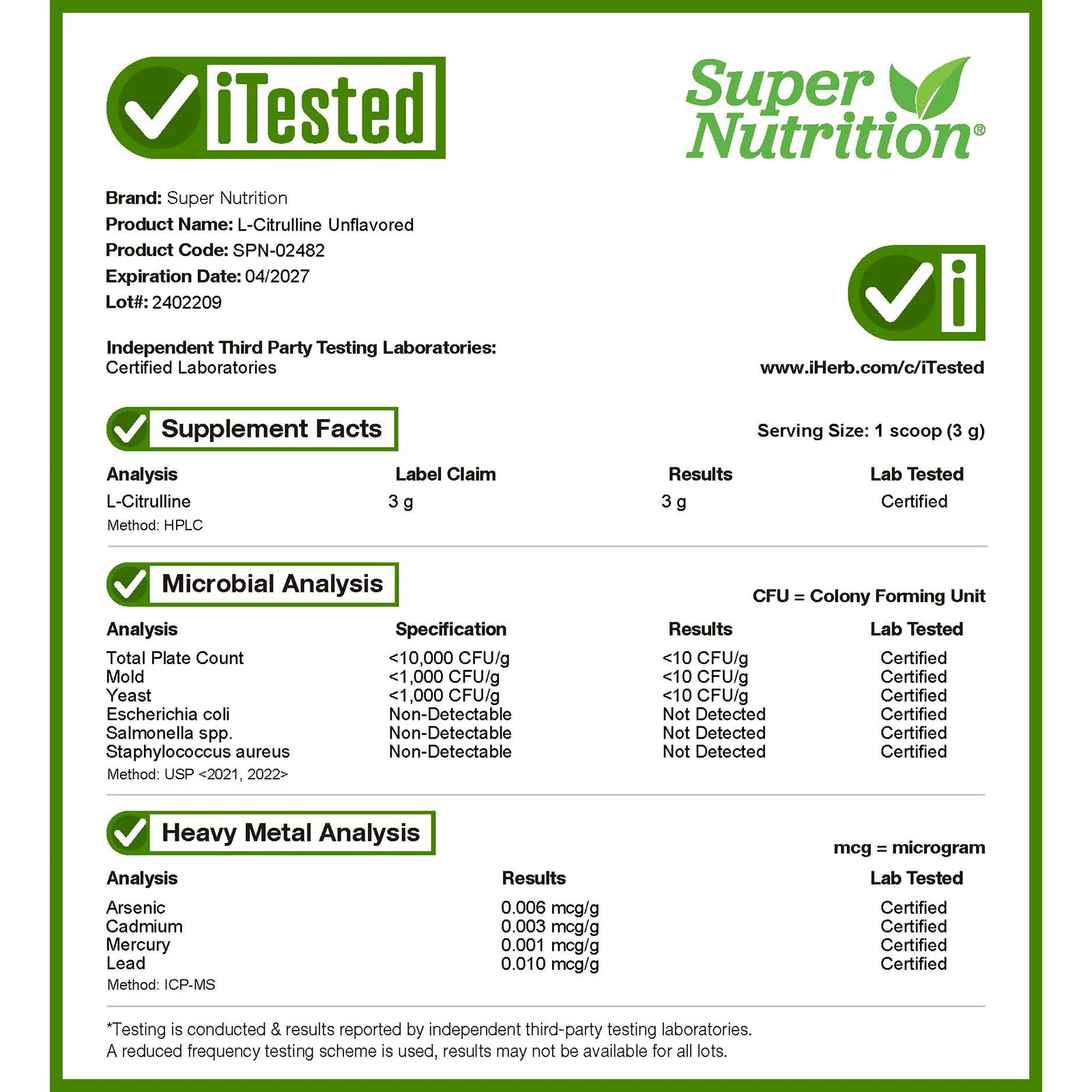 Super Nutrition, L-цитруллин, без добавок, 300 г (10,58 унции)