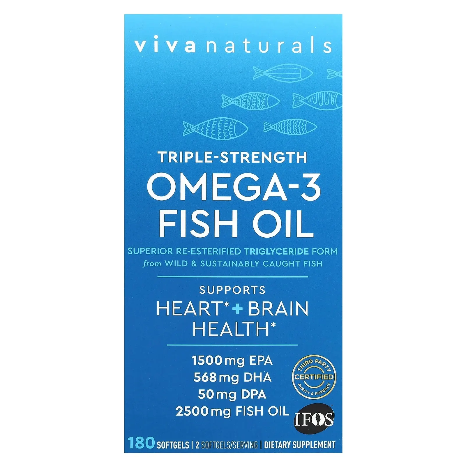 Viva Naturals, омега-3, рыбий жир тройной силы, 2500 мг, 180 капсул (1250 мг в 1 капсуле)