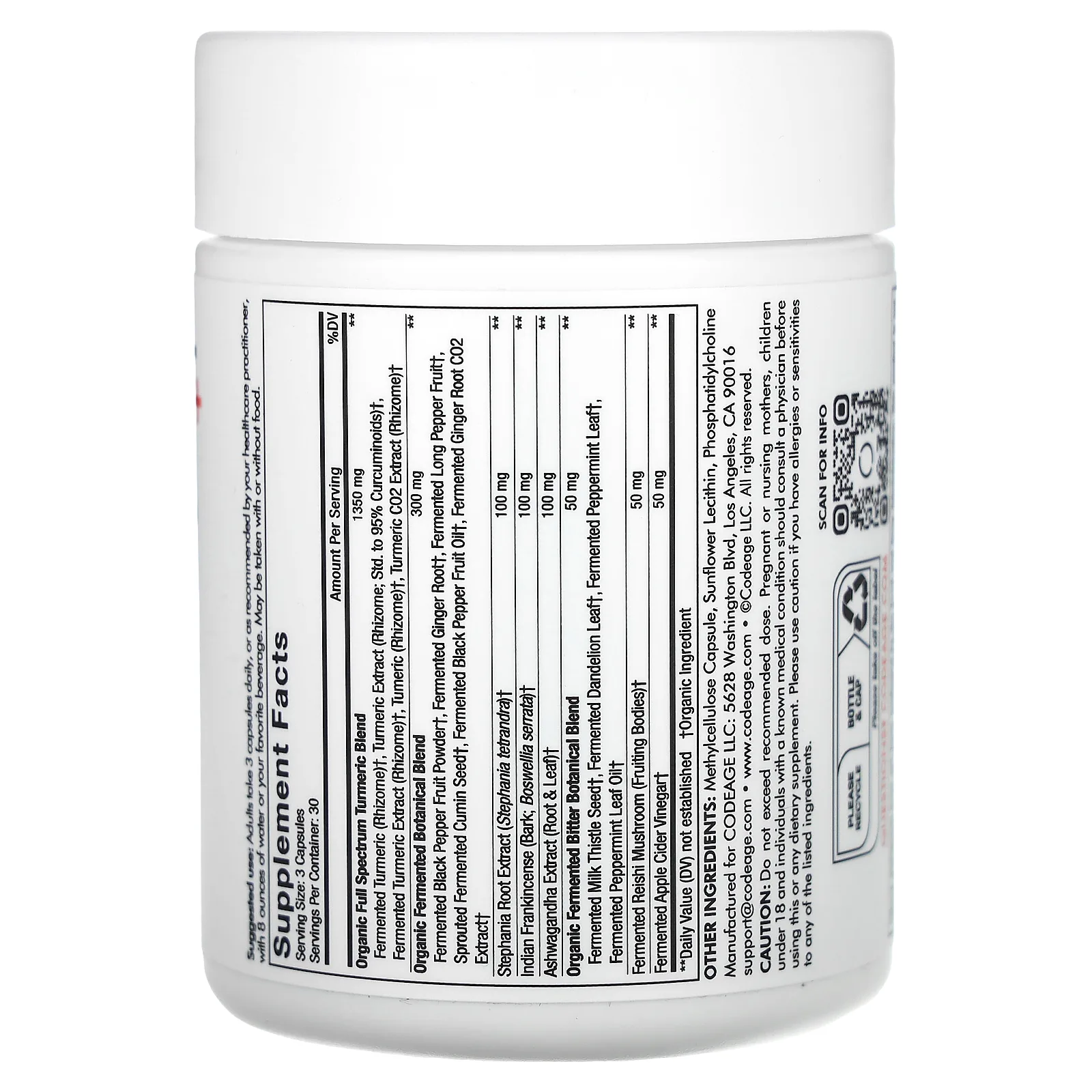 Codeage, Liposomal, ферментированная куркума, черный перец, куркумин, имбирь, 90 капсул