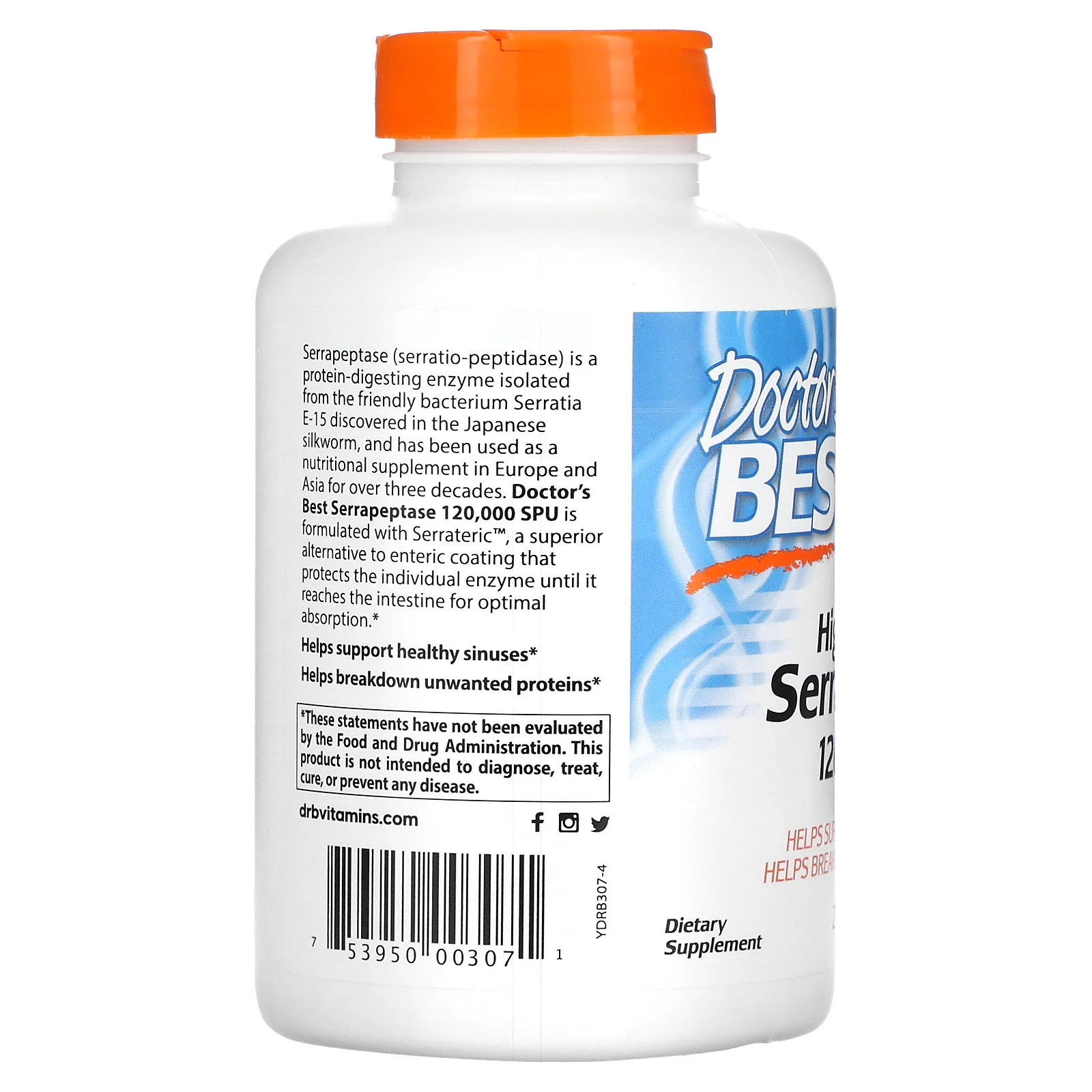 Doctor's Best, высокоэффективная серрапептаза, 120 000 SPU, 270 вегетарианских капсул